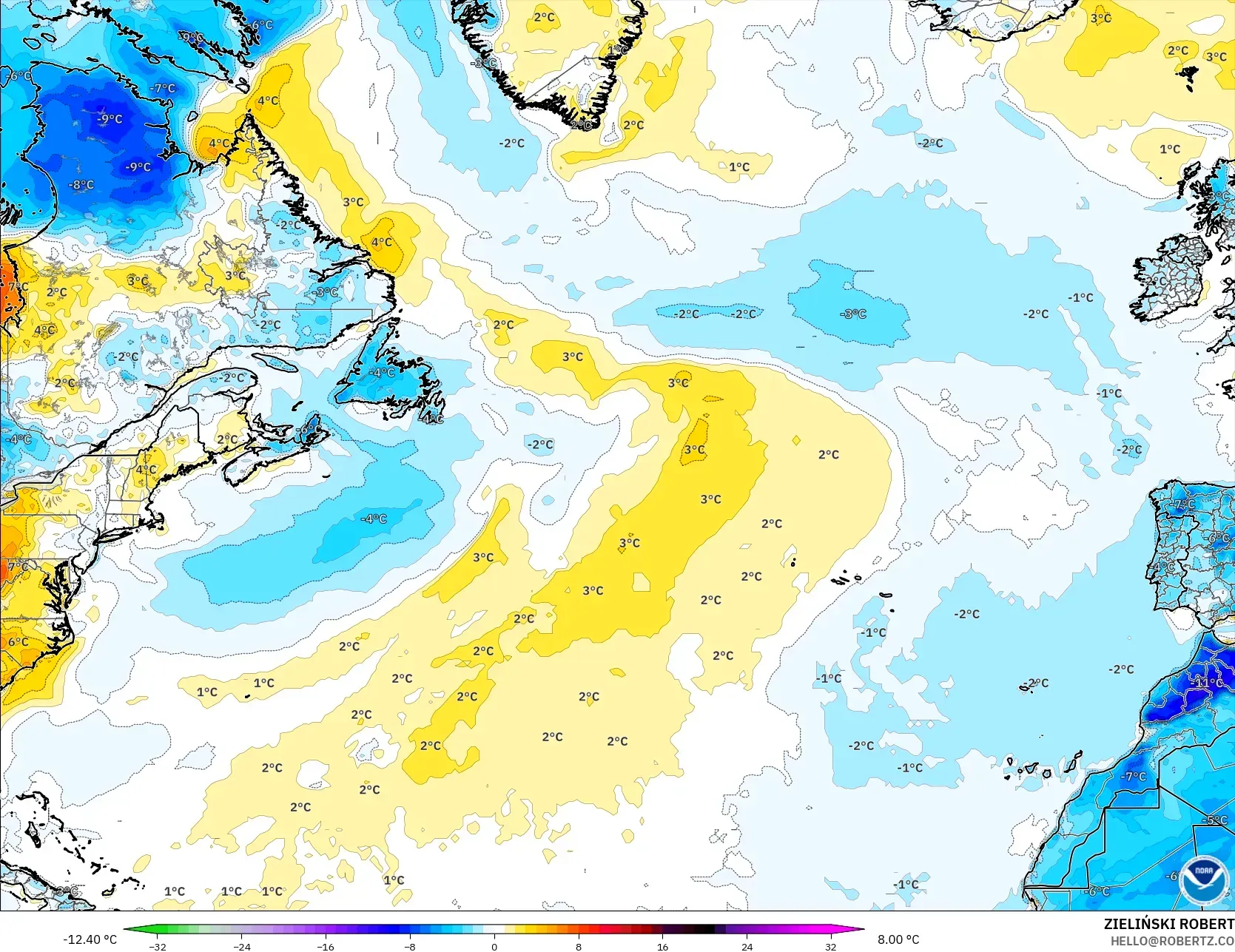 GFS model - Atlantik Utara, Anomali Suhu 2 m