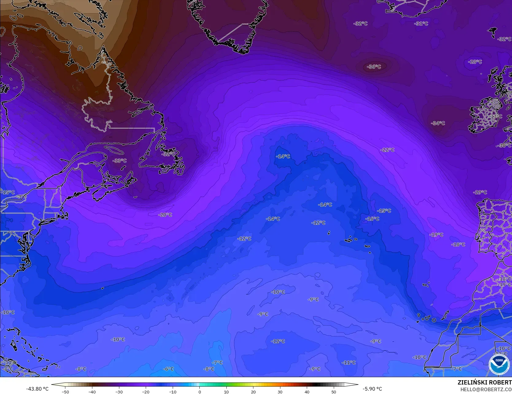 GFS model - Atlantik Utara, Suhu 500 hPa