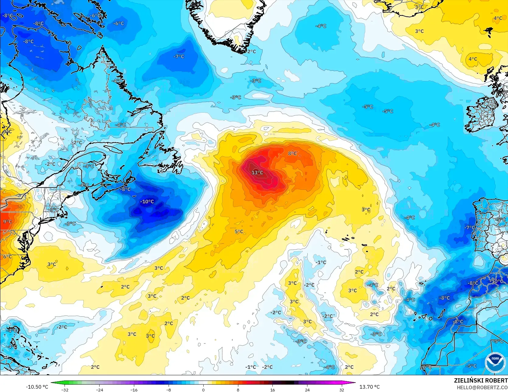 GFS model - Atlantik Utara, Anomali Suhu 850 hPa