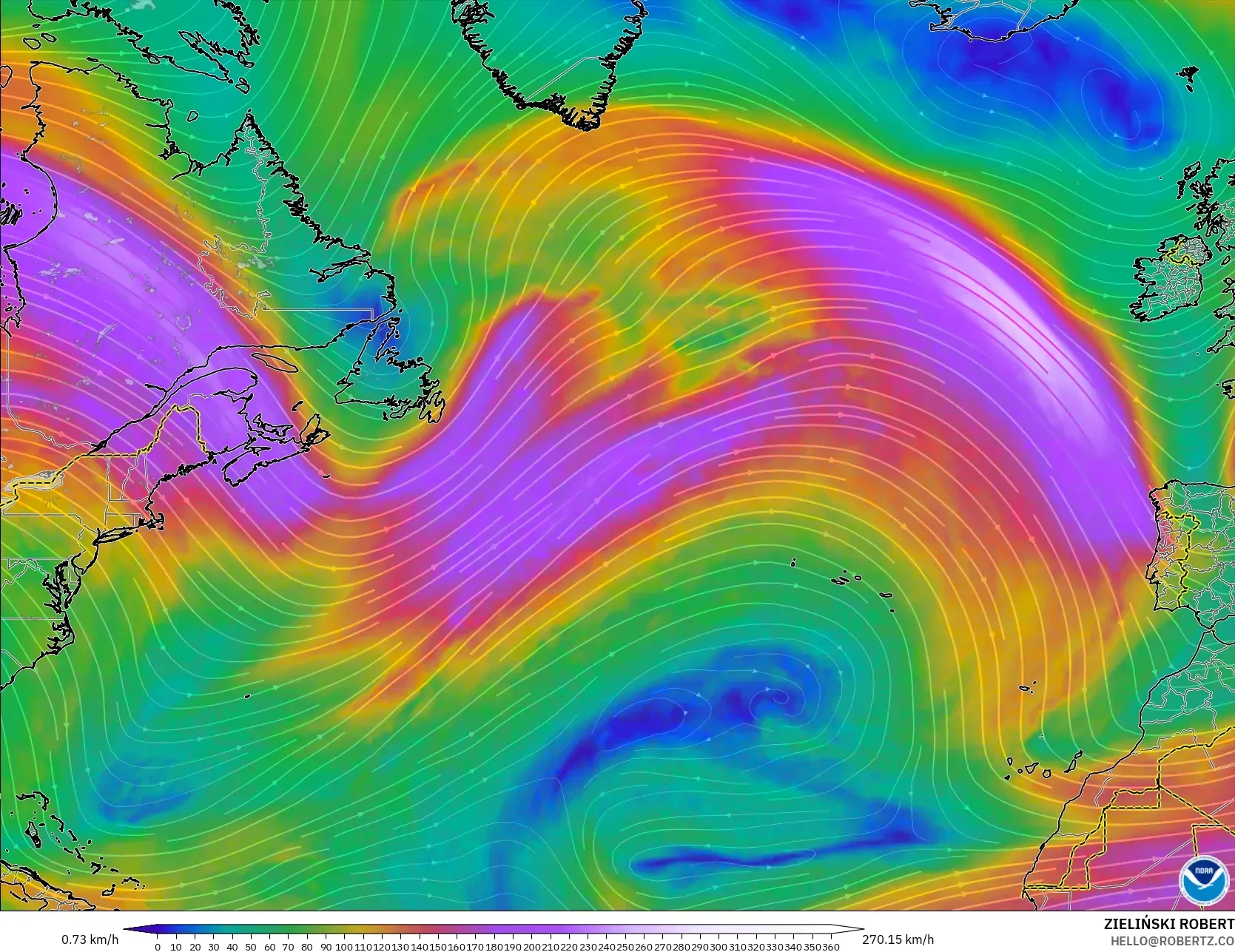 GFS model - Atlantik Utara, Angin 300 hPa (aliran jet)