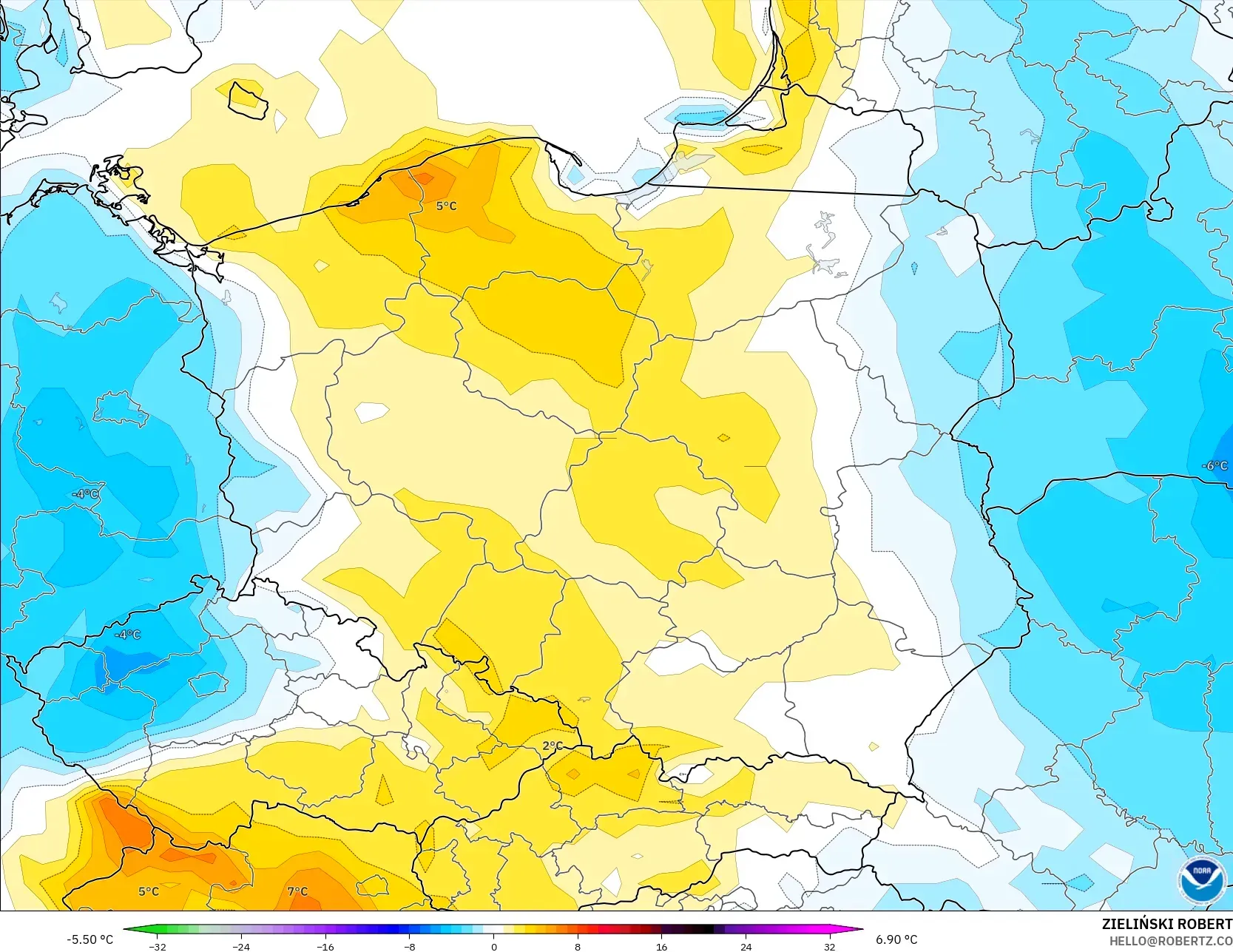 GFS model - Polandia, Anomali Suhu 2 m