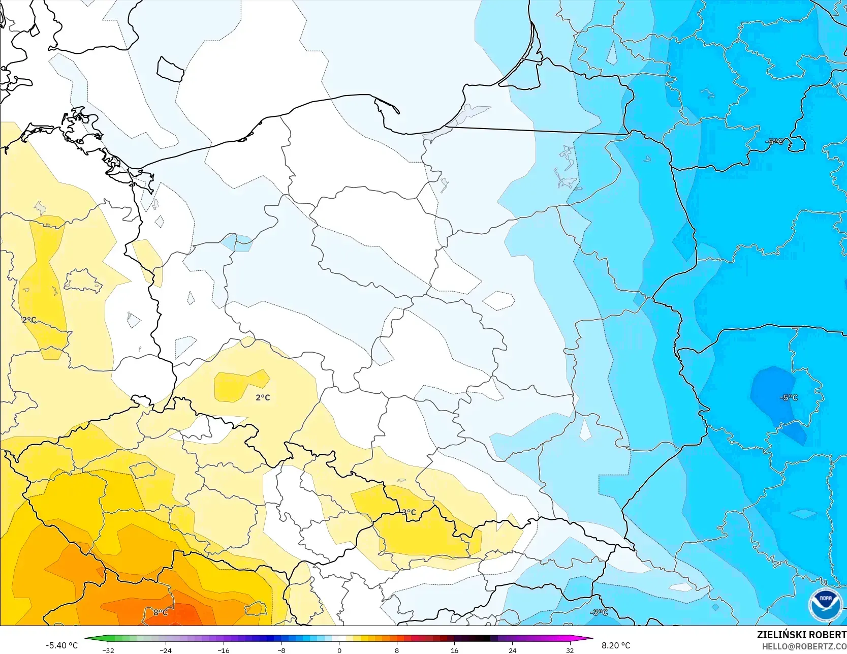 GFS model - Polandia, Anomali Suhu 850 hPa