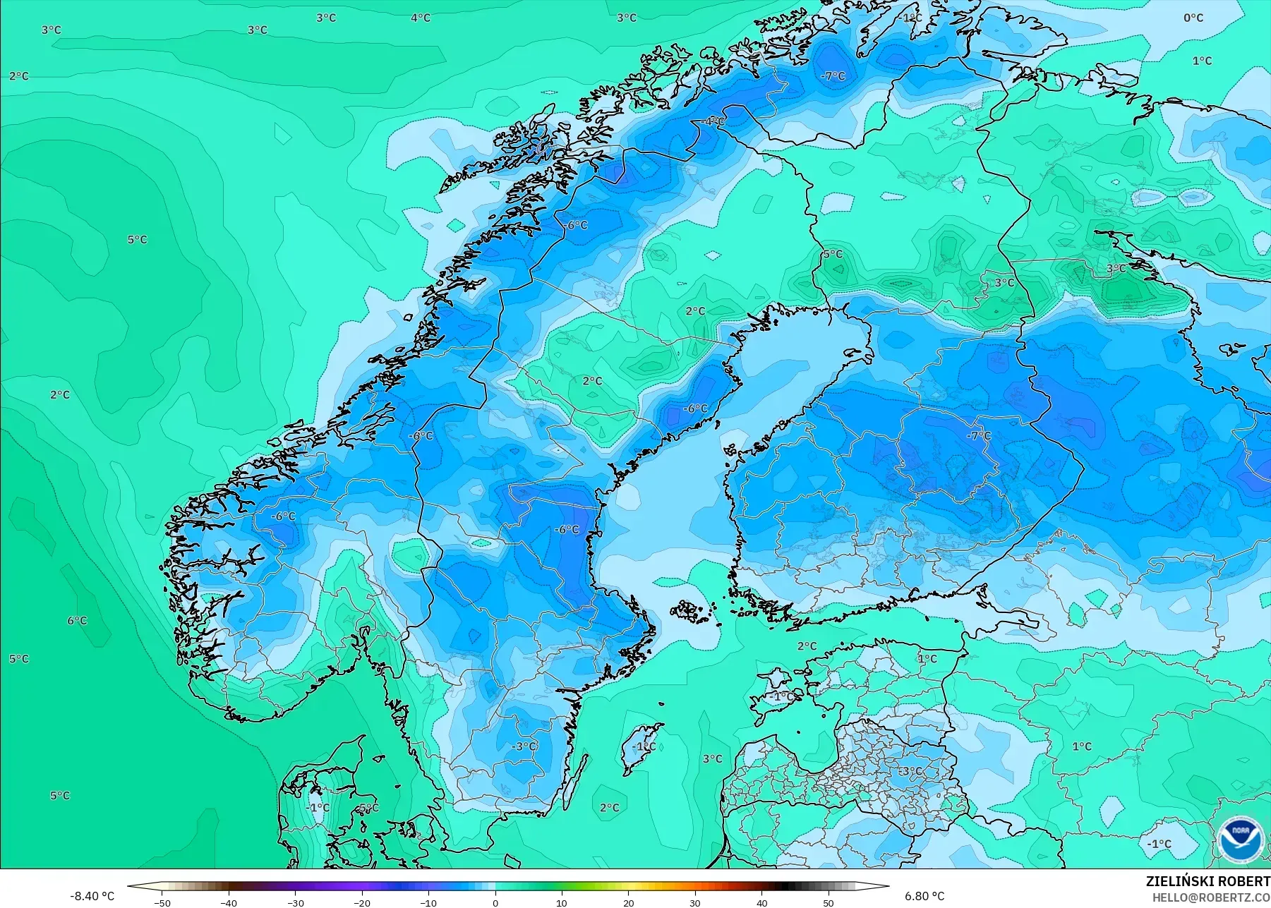 GFS model - Skandinavia, Titik Embun 2 m
