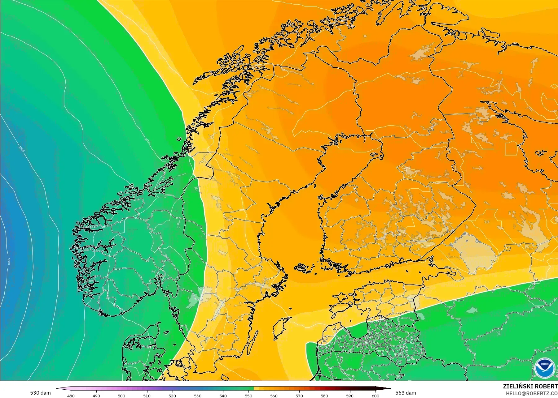 GFS model - Skandinavia, Ketinggian geopotensial pada 500 hPa