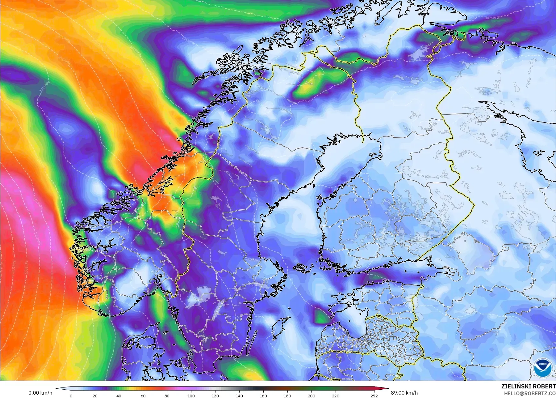 GFS model - Skandinavia, Hembusan Angin