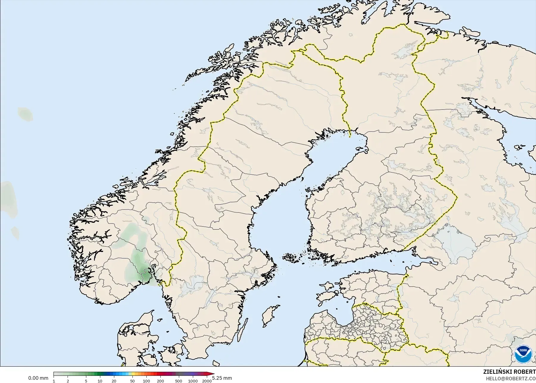 GFS model - Skandinavia, Akumulasi Curah Hujan