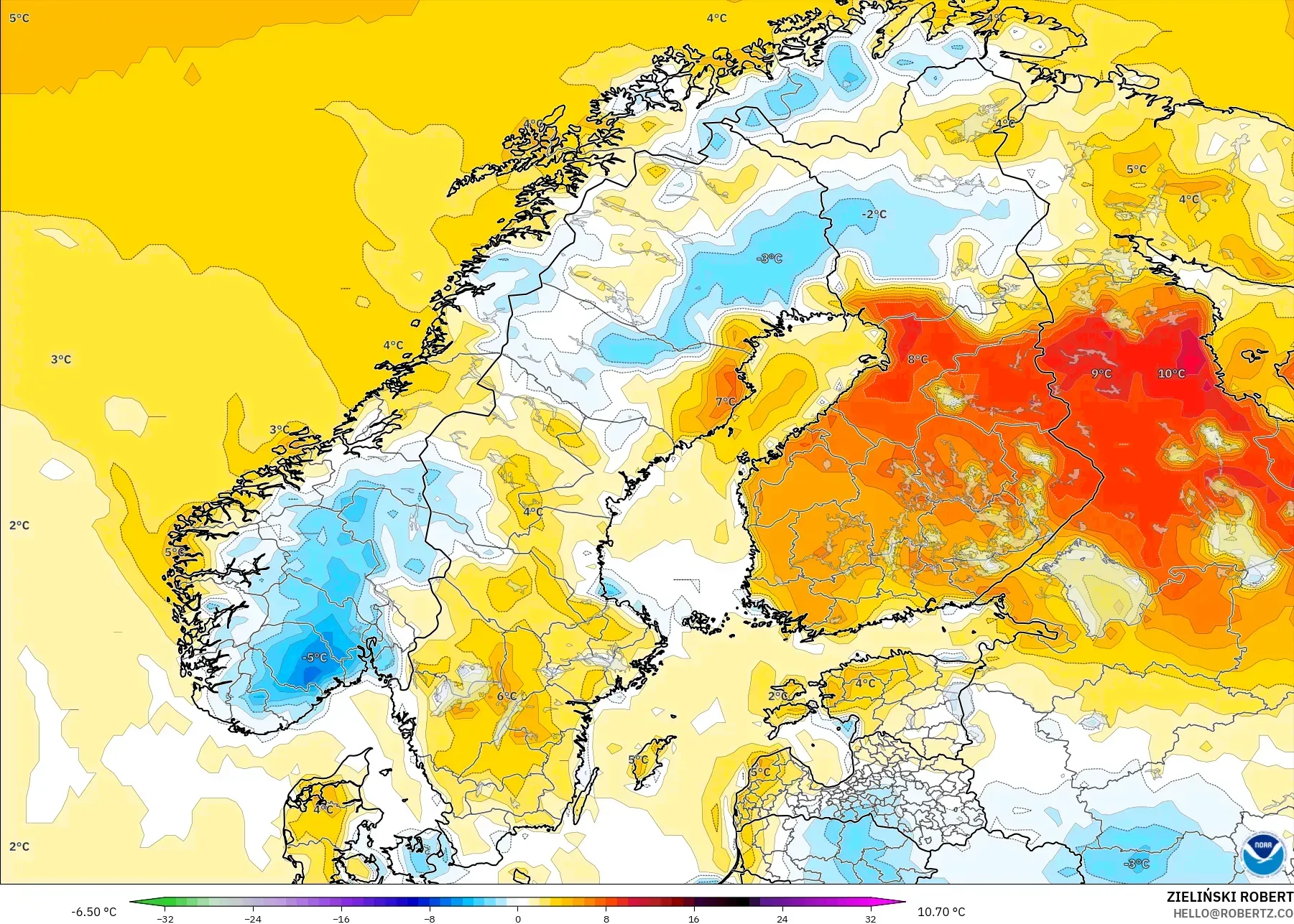 GFS model - Skandinavia, Anomali Suhu 2 m