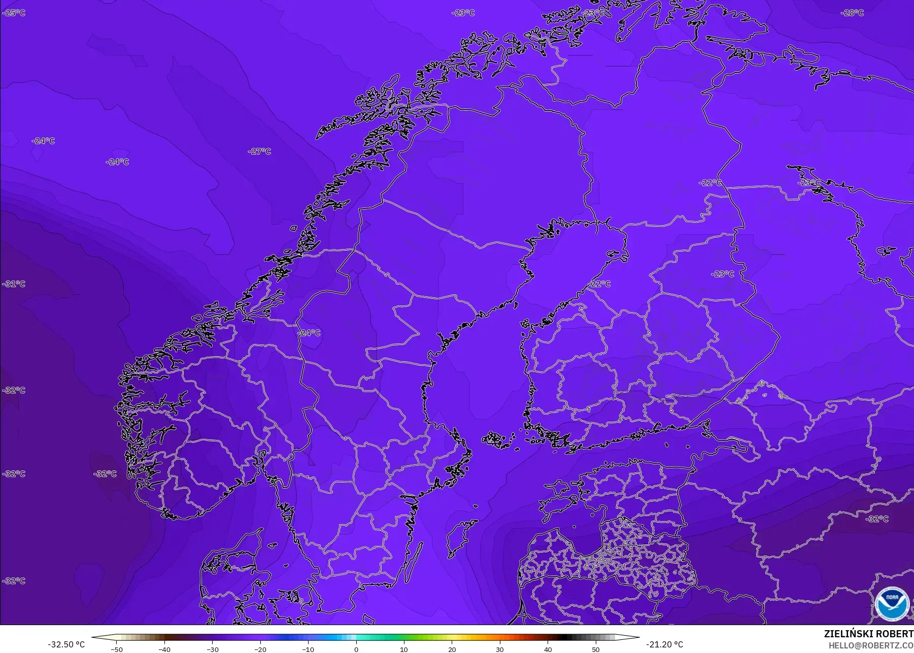 GFS model - Skandinavia, Suhu 500 hPa