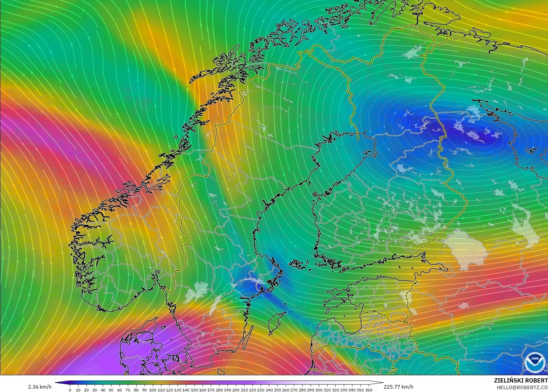 GFS model - Skandinavia, Angin 300 hPa (aliran jet)