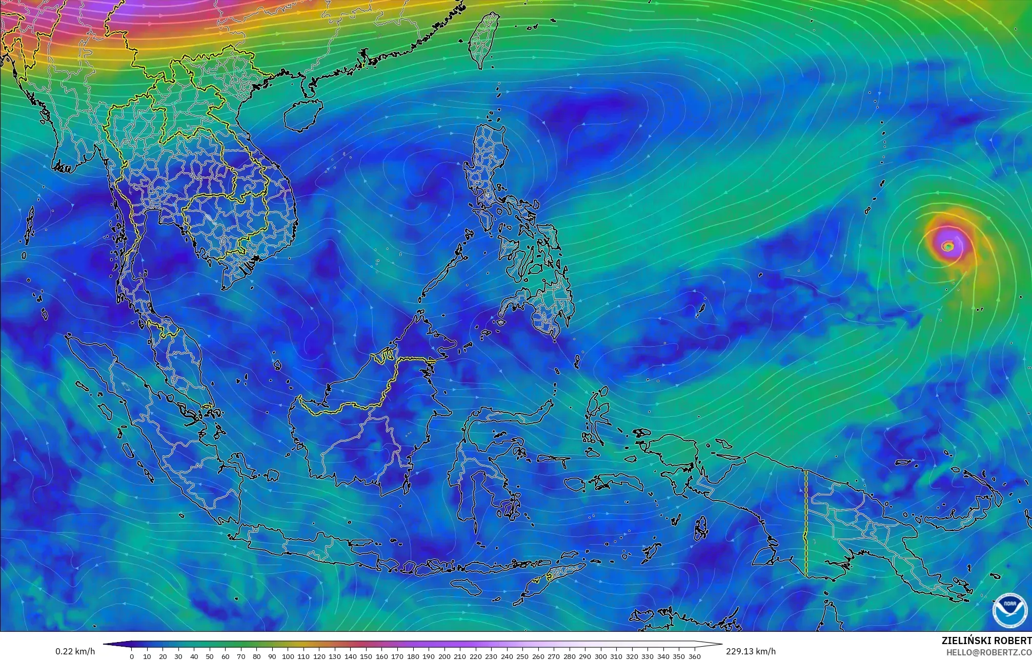 GFS model - Asia Tenggara, Angin 300 hPa (aliran jet)