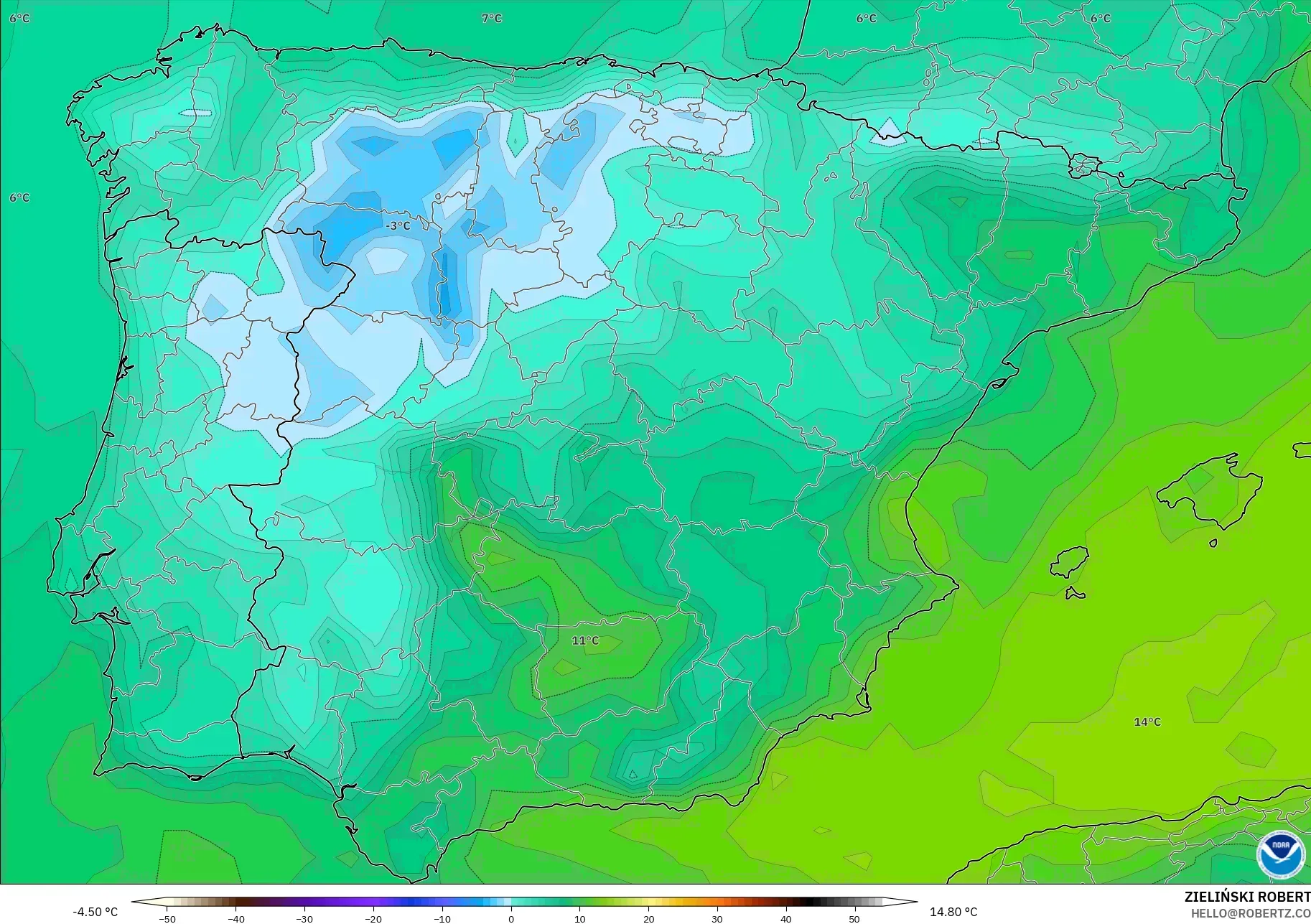 GFS model - Spanyol, Titik Embun 2 m