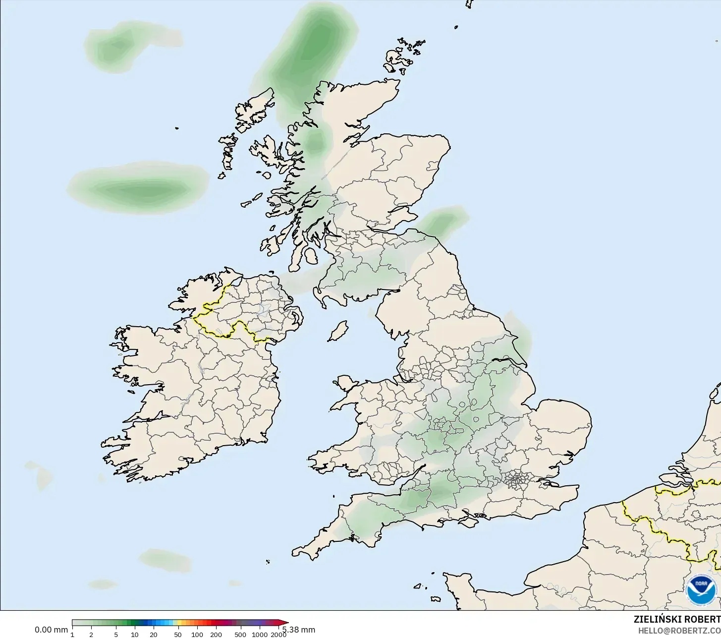 GFS model - Britania Raya, Akumulasi Curah Hujan