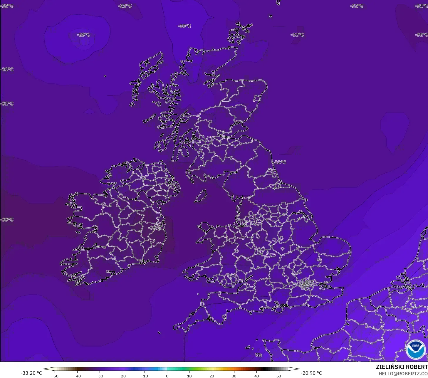 GFS model - Britania Raya, Suhu 500 hPa