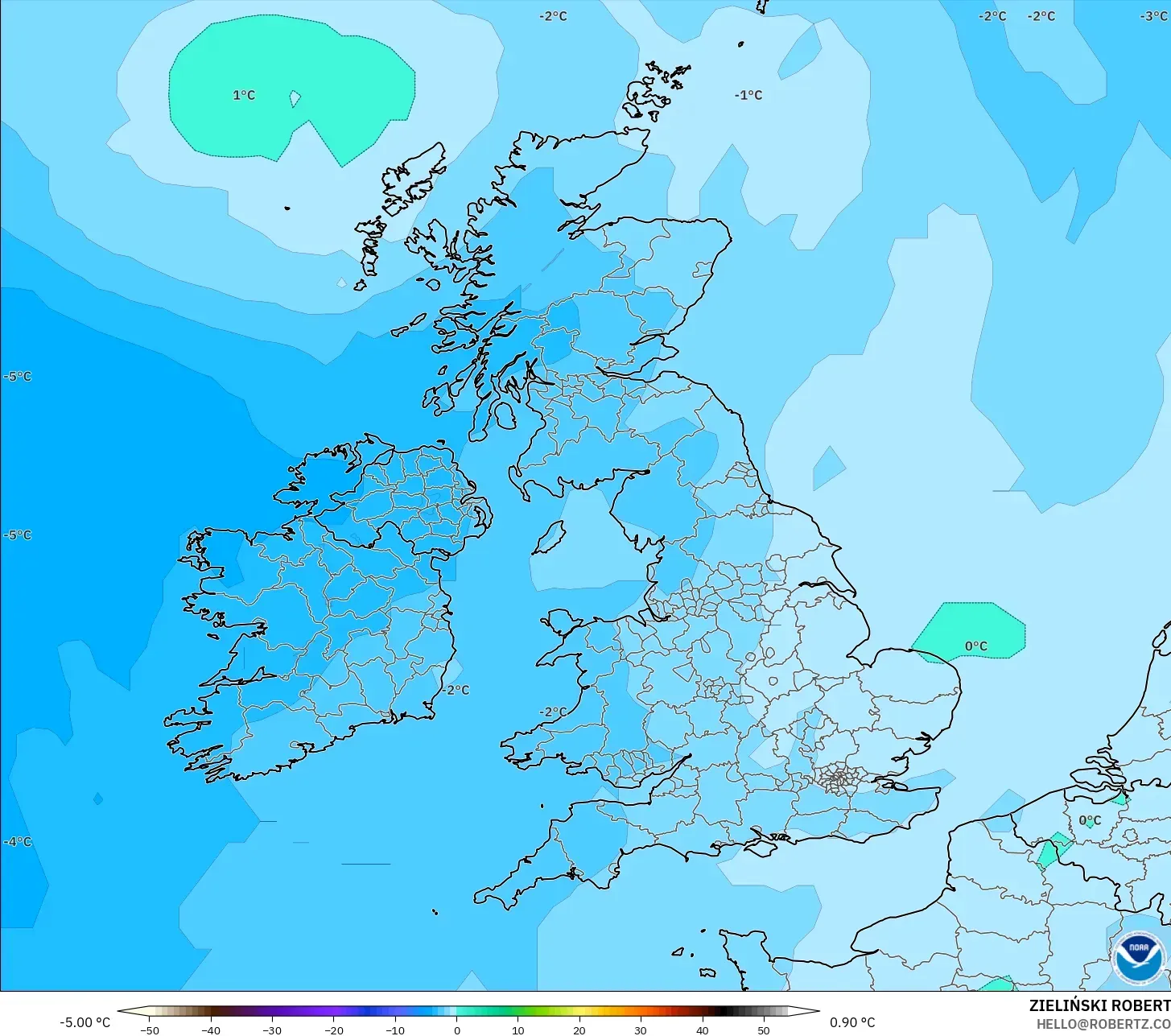 GFS model - Britania Raya, Suhu 850 hPa