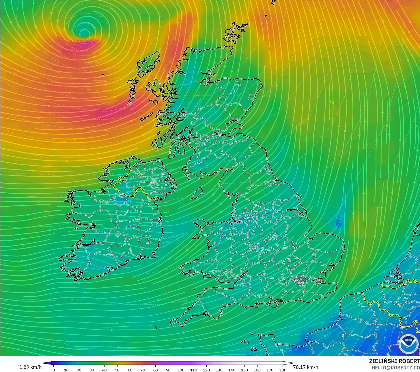 GFS model - Britania Raya, Angin 10 m