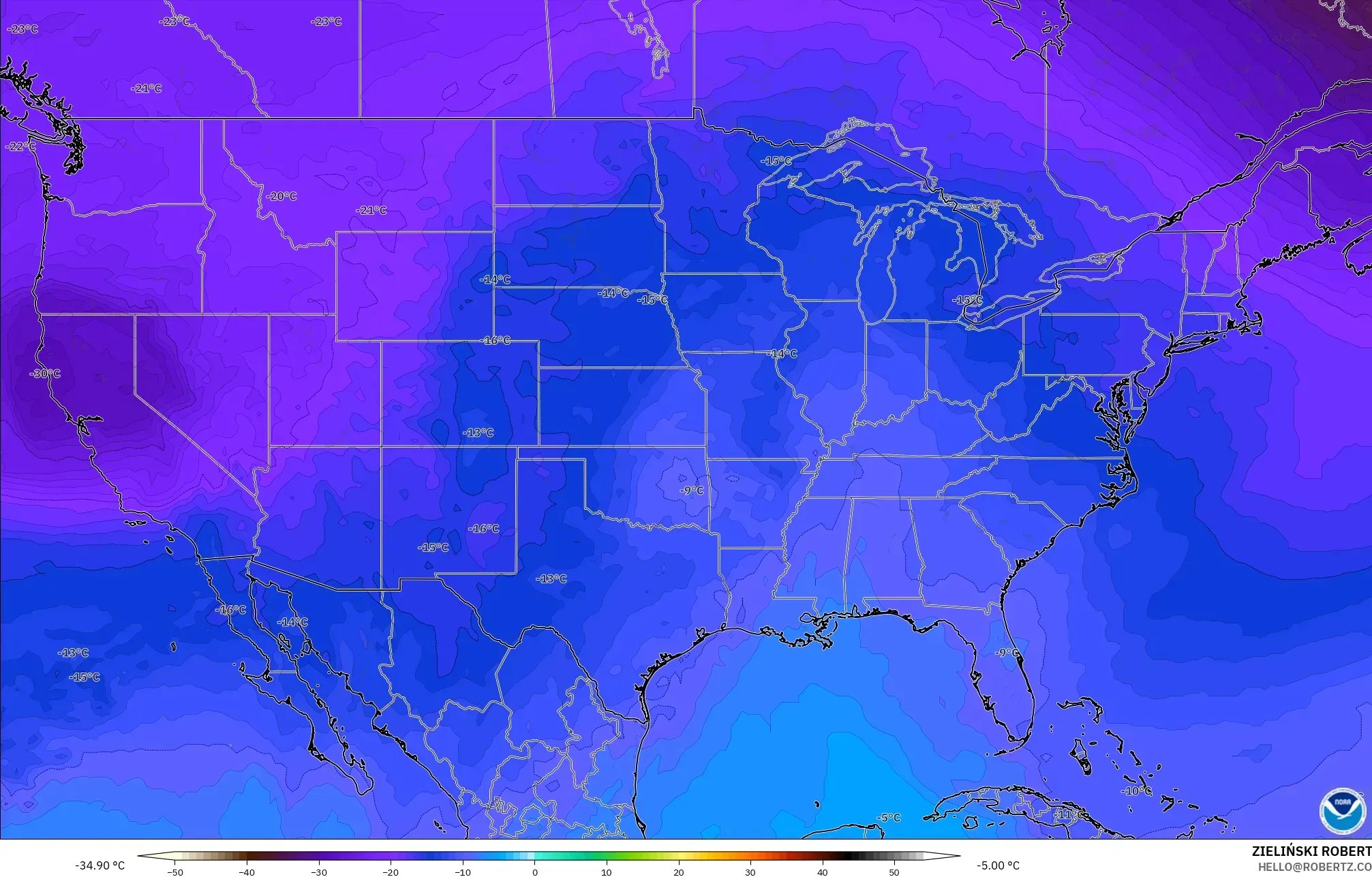 GFS model - Amerika Serikat, Suhu 500 hPa