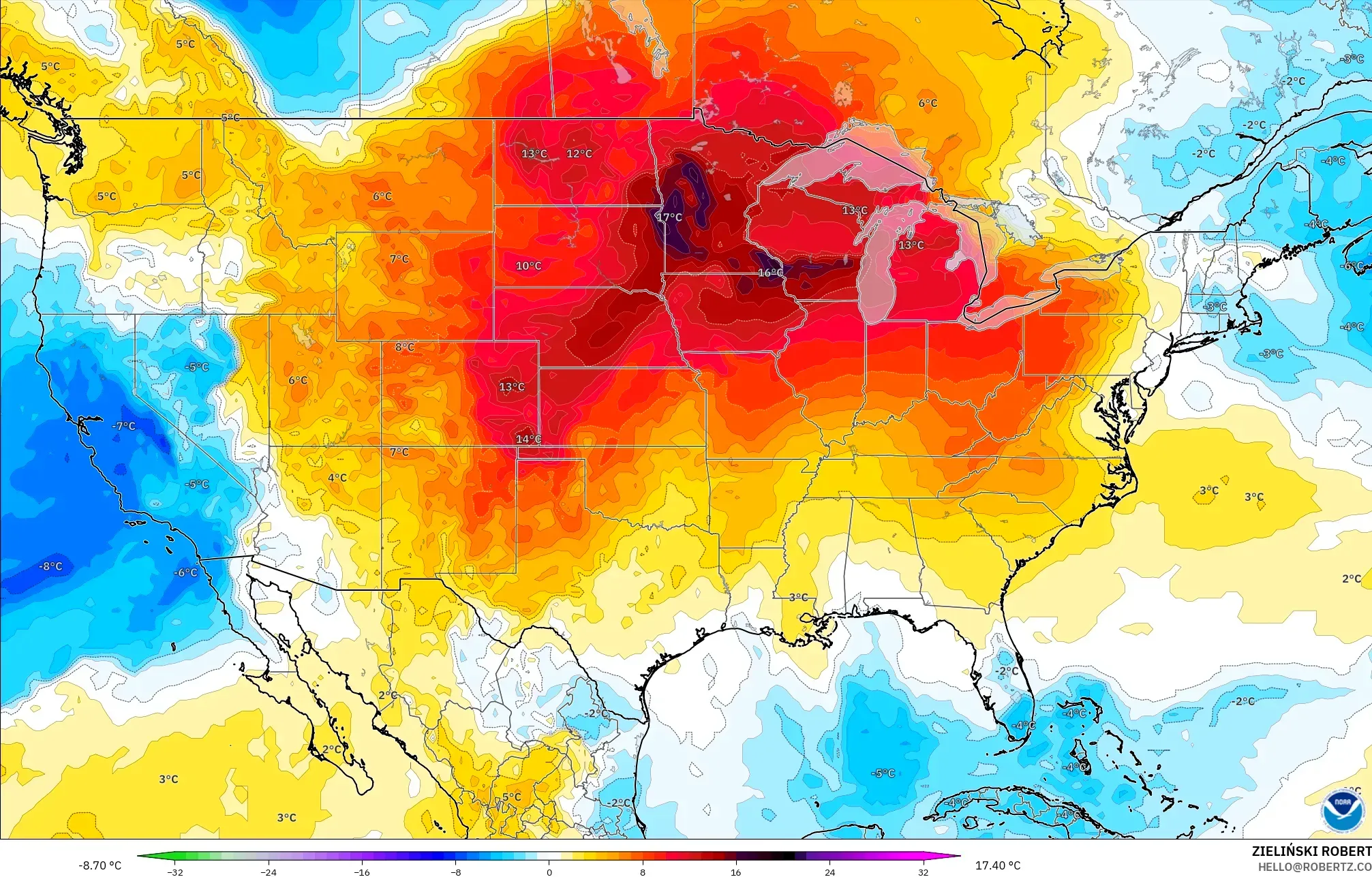 GFS model - Amerika Serikat, Anomali Suhu 850 hPa