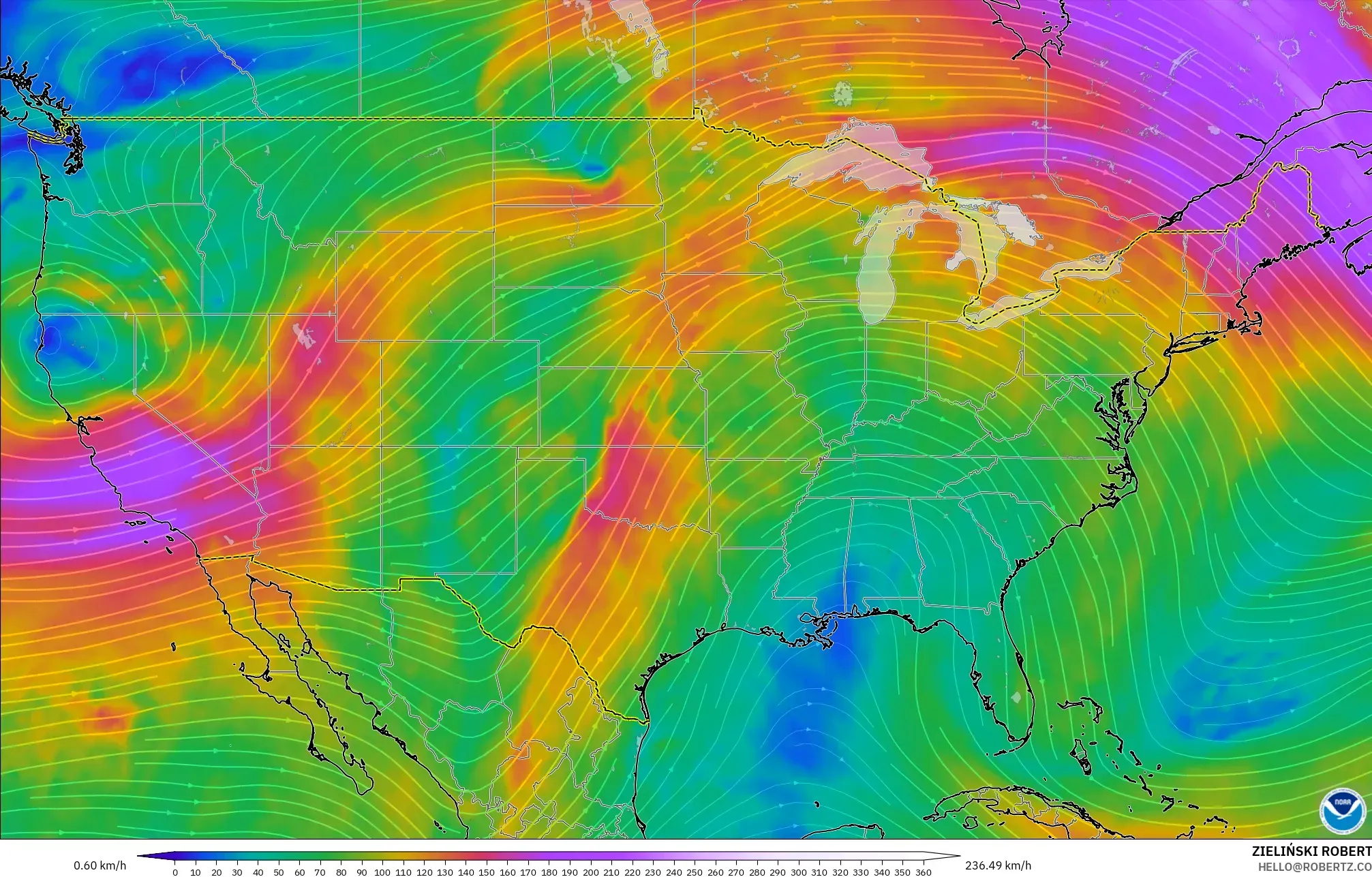 GFS model - Amerika Serikat, Angin 300 hPa (aliran jet)