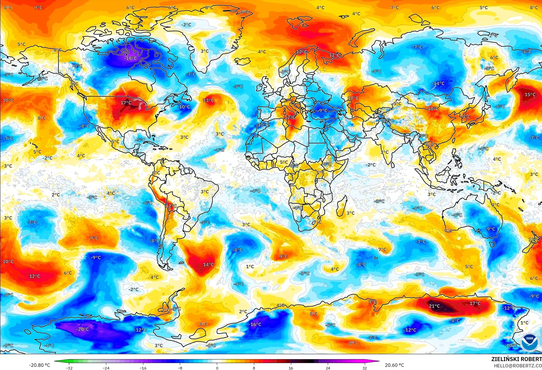 GFS model - Dunia, Anomali Suhu 850 hPa