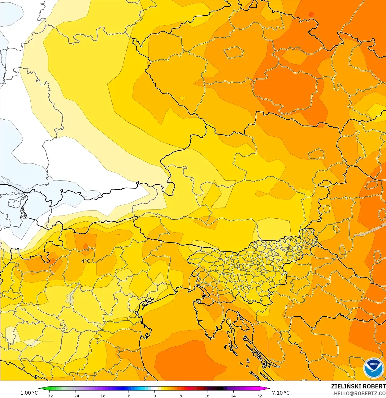 GFS model - Austria, Temperature at 850hPa Anomaly