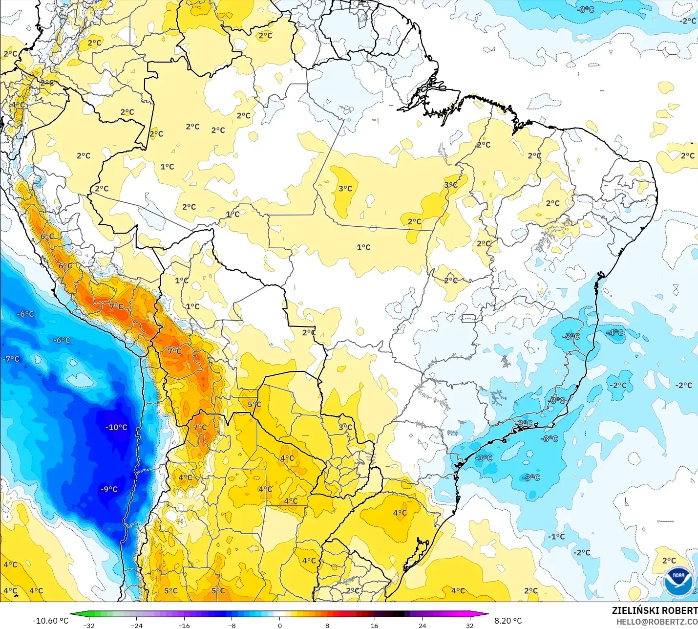 GFS model - Brazil, Temperature at 850hPa Anomaly