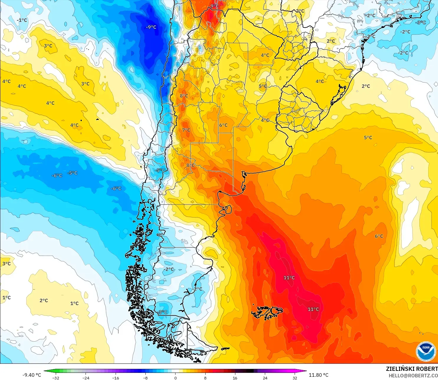 GFS model - Argentina, Temperature at 850hPa Anomaly