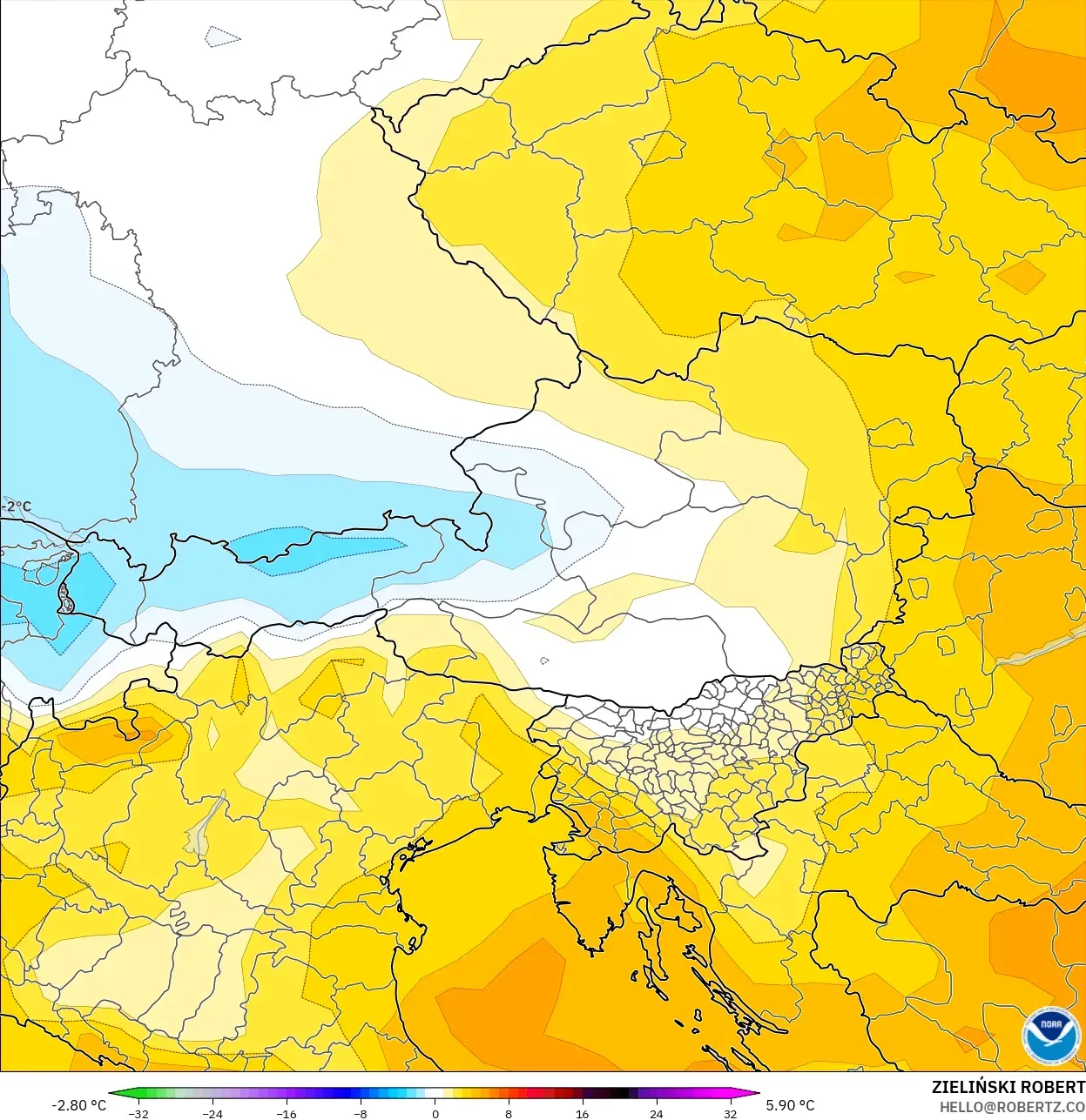 GFS model - Austria, Temperature at 850hPa Anomaly