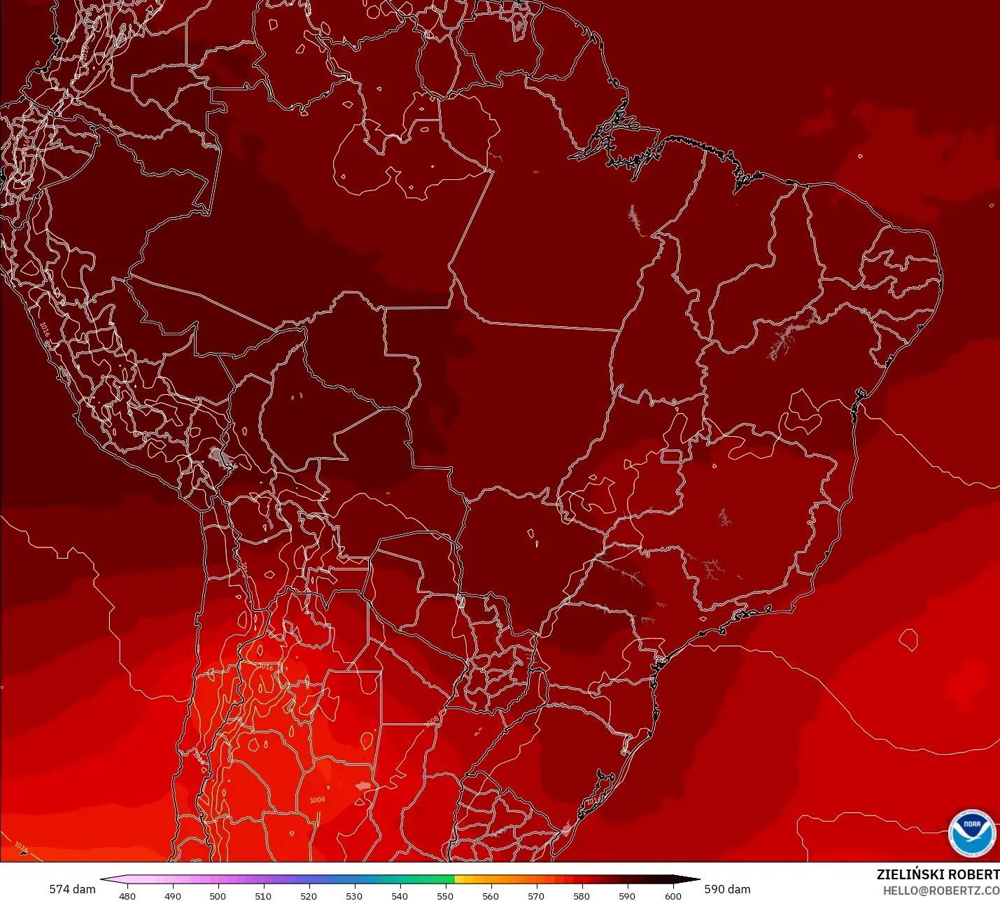 GFS model - Brazil, Geopotential height at 500hPa