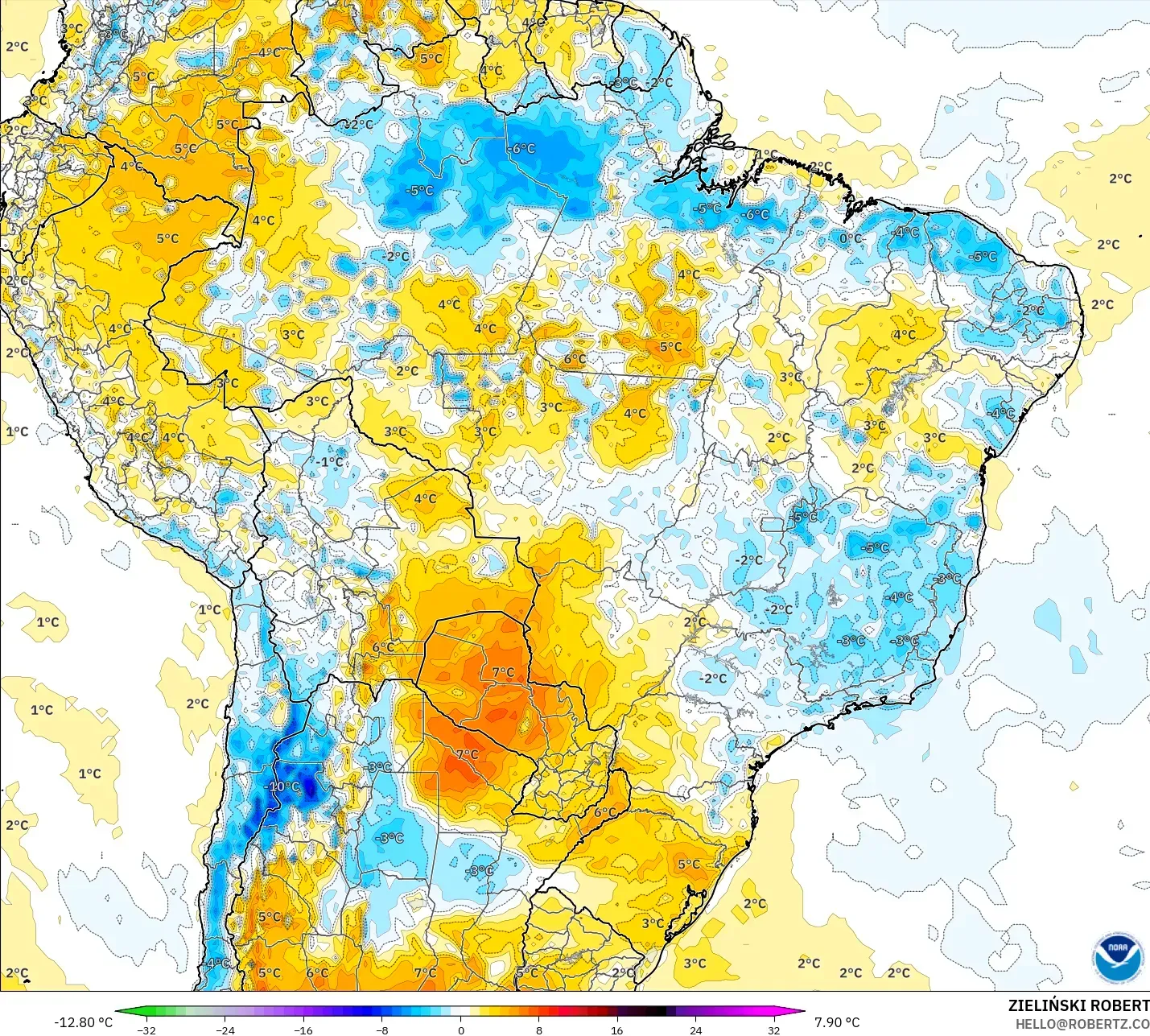 GFS model - Brazil, Temperature at 2m Anomaly