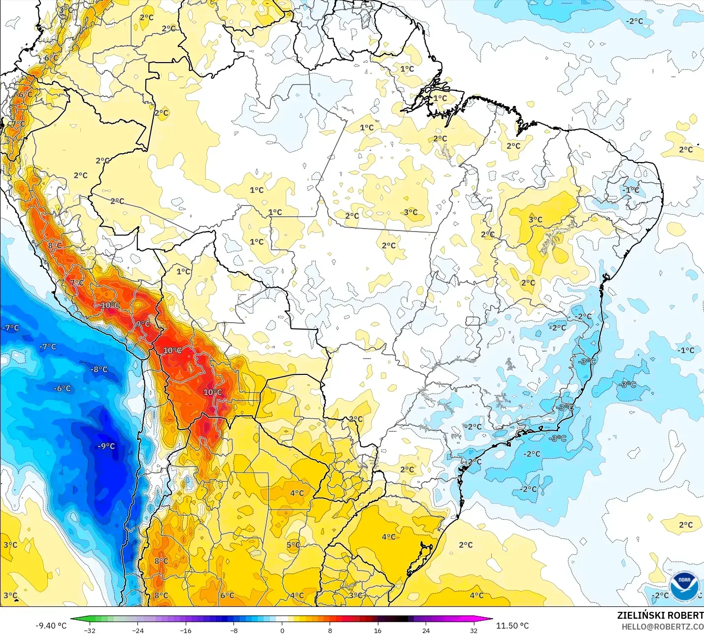 GFS model - Brazil, Temperature at 850hPa Anomaly