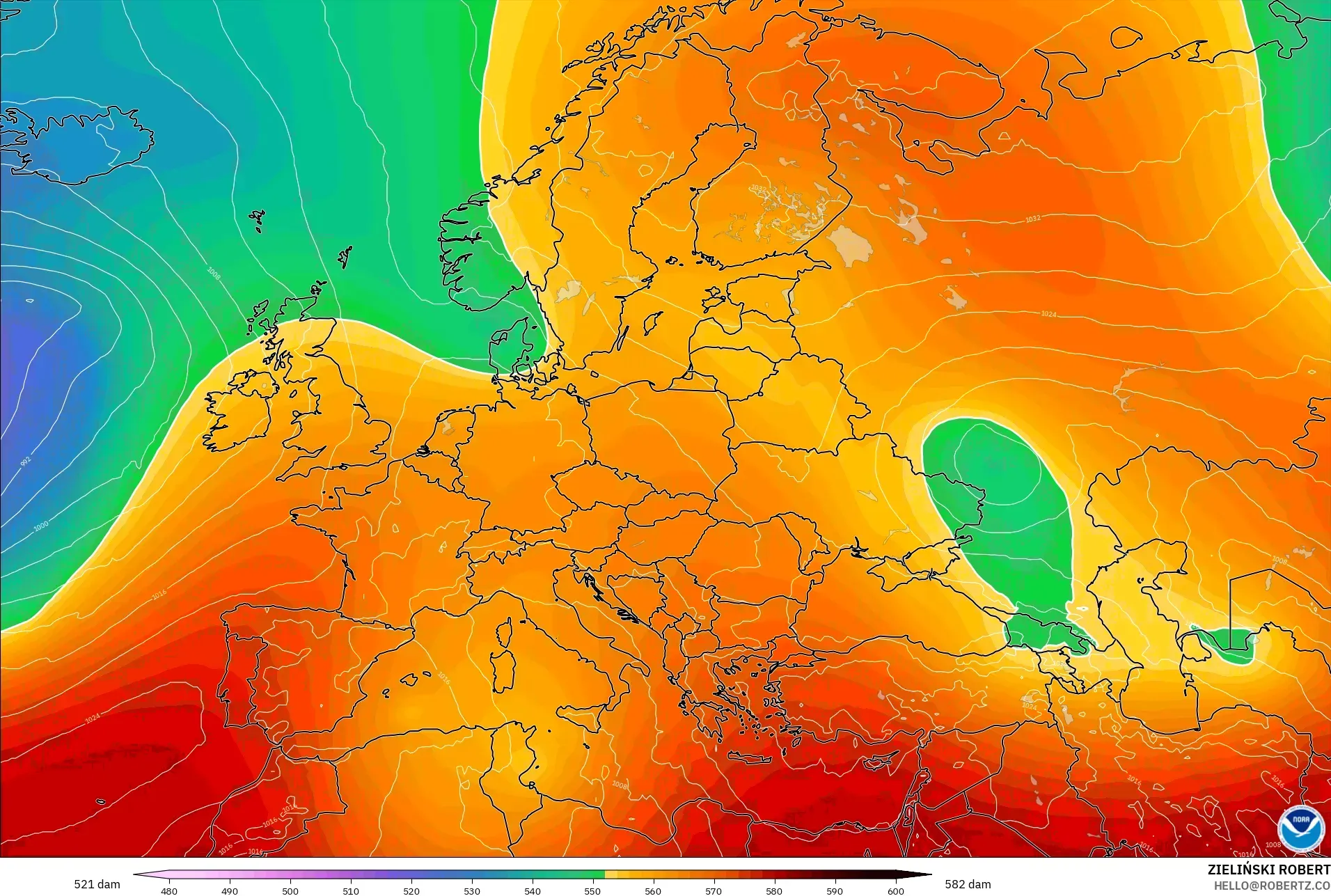 GFS model - Europe, Geopotential height at 500hPa