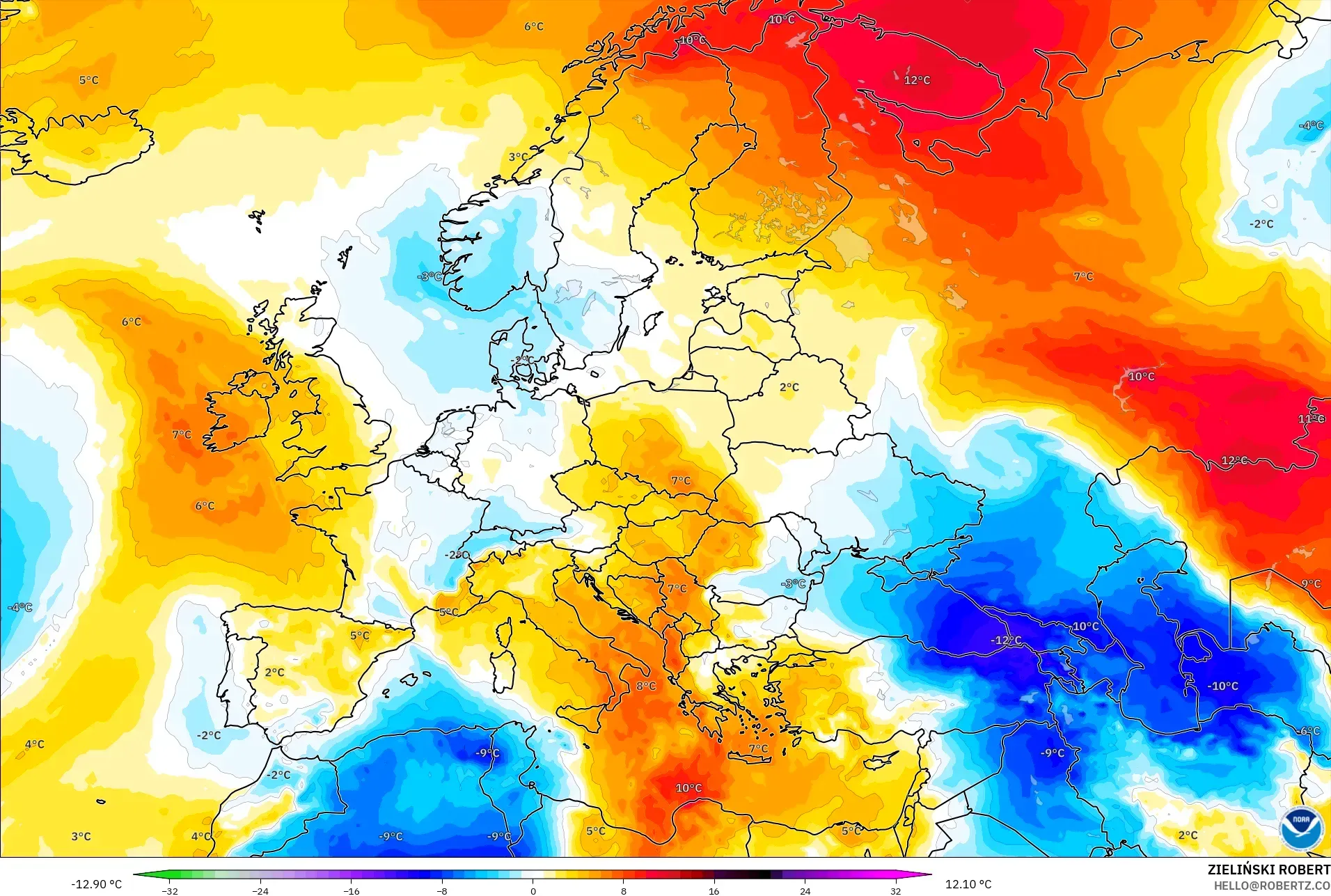 GFS model - Europe, Temperature at 850hPa Anomaly