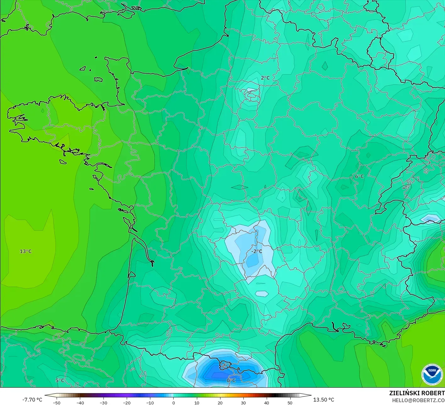 GFS model - France, Dewpoint at 2m