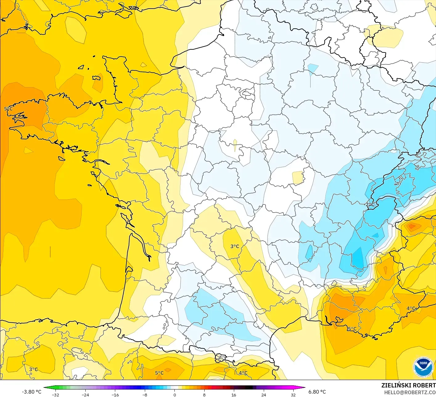 GFS model - France, Temperature at 850hPa Anomaly