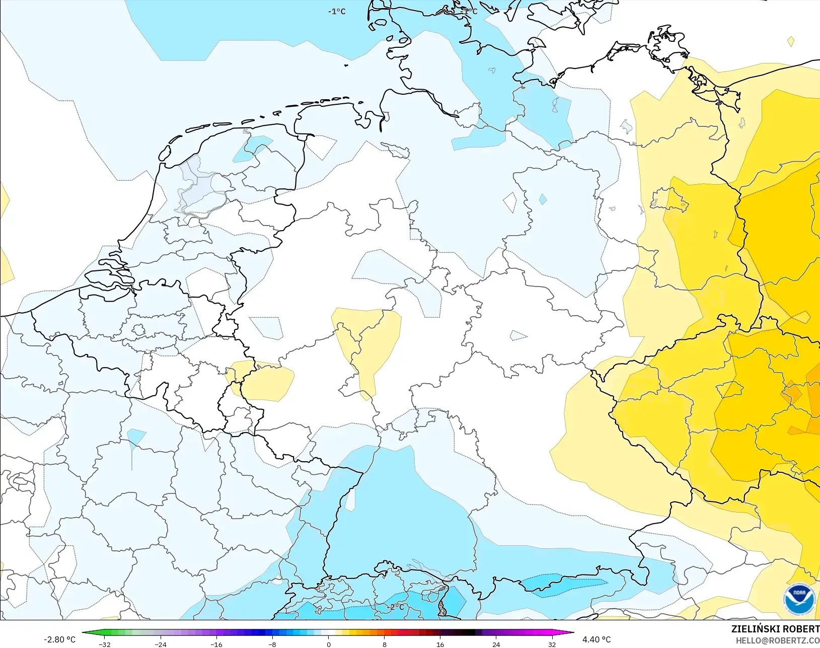GFS model - Germany, Temperature at 850hPa Anomaly