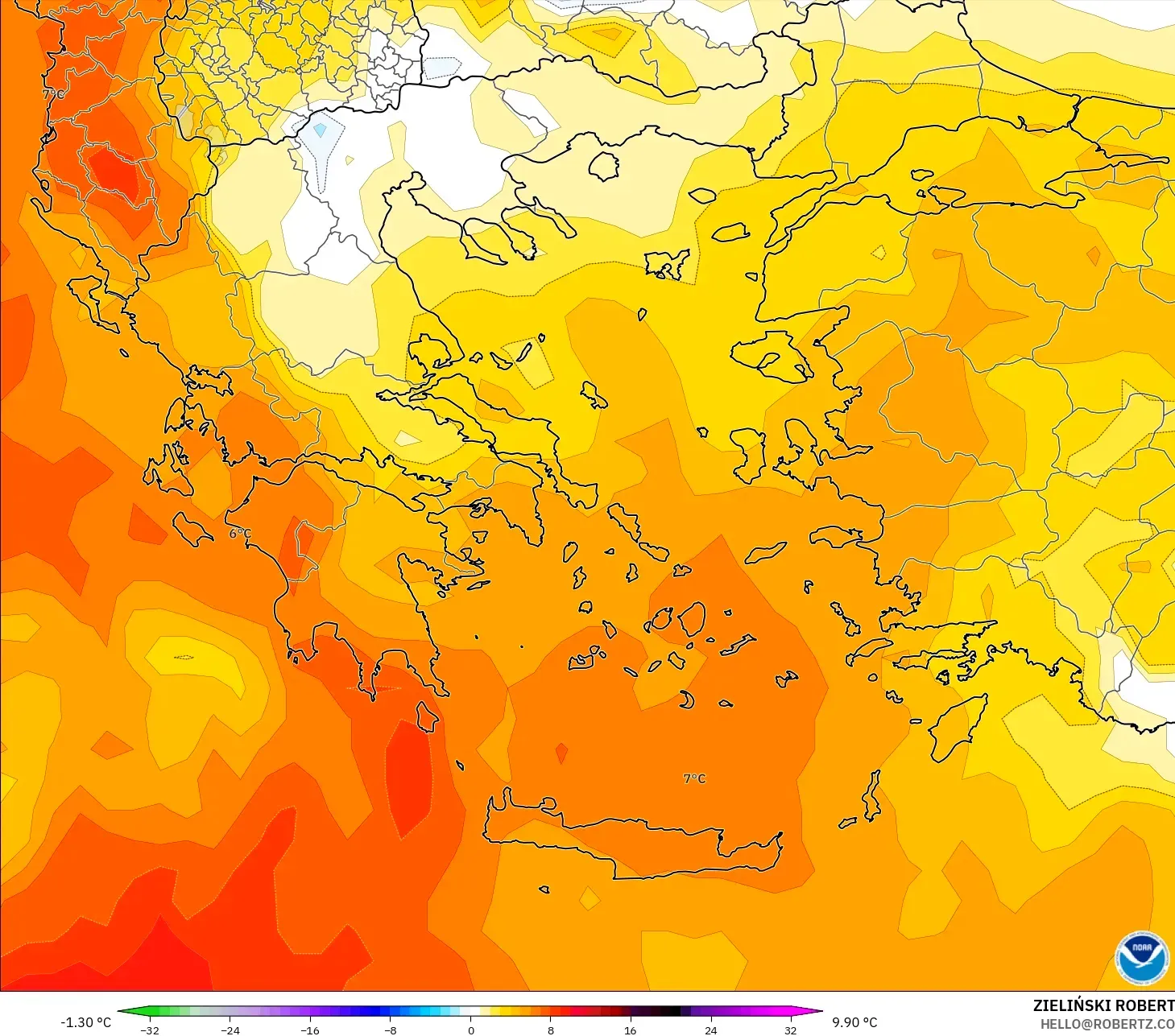 GFS model - Greece, Temperature at 850hPa Anomaly