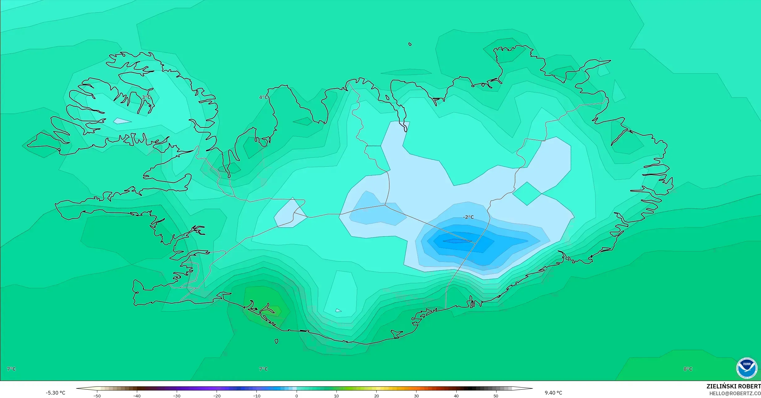 GFS model - Iceland, Temperature at 2m