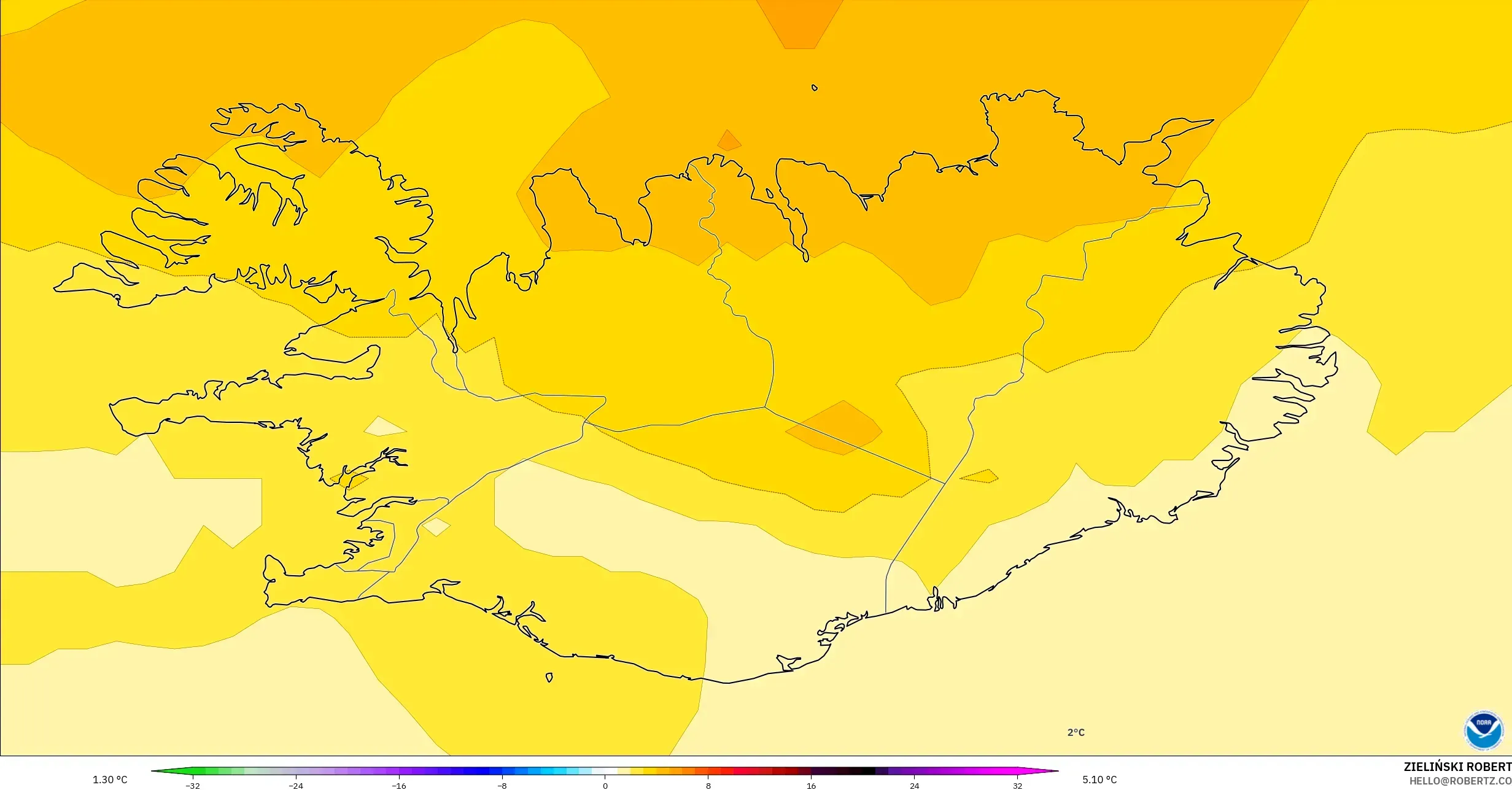 GFS model - Iceland, Temperature at 850hPa Anomaly