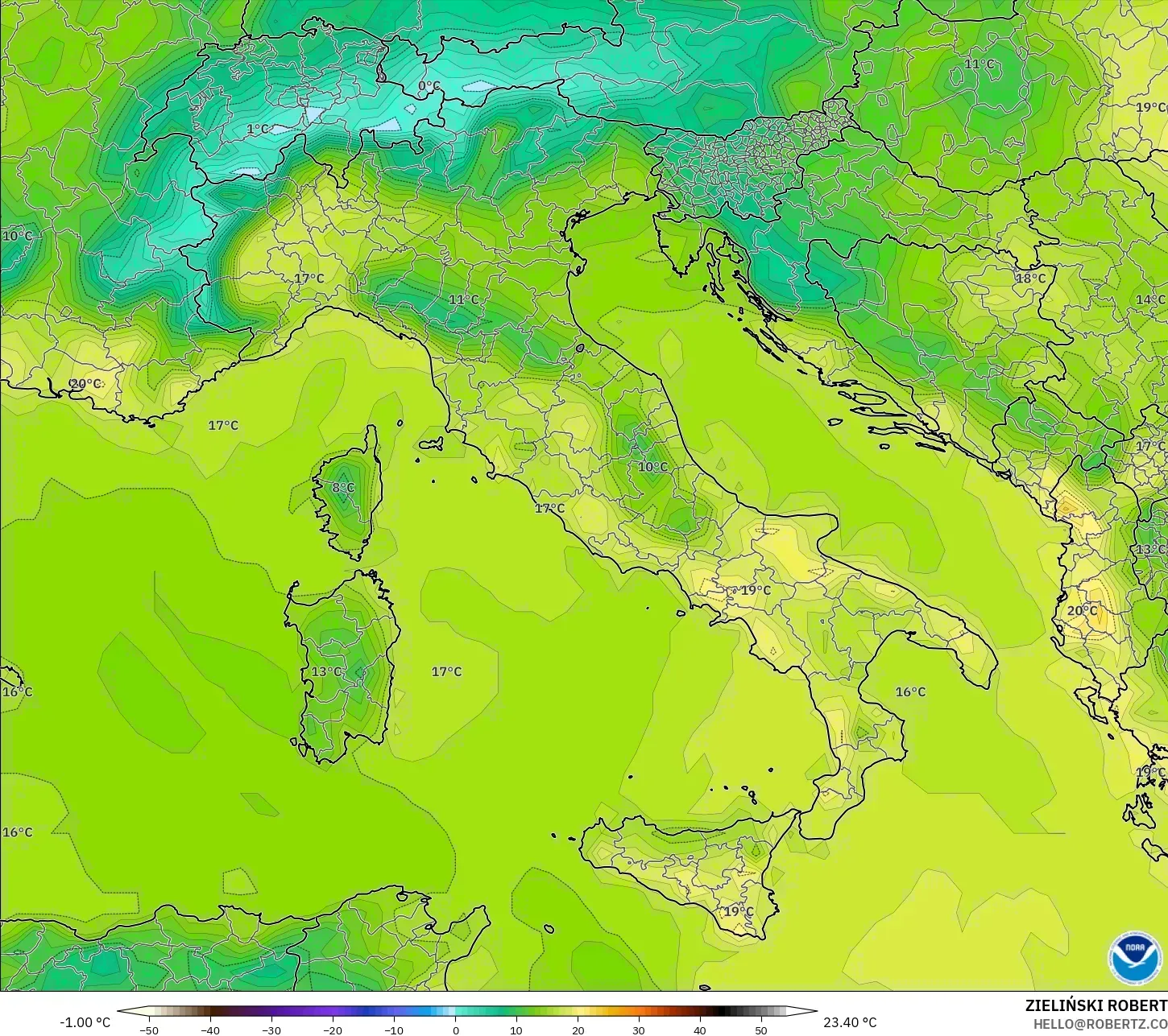 GFS model - Italy, Temperature at 2m