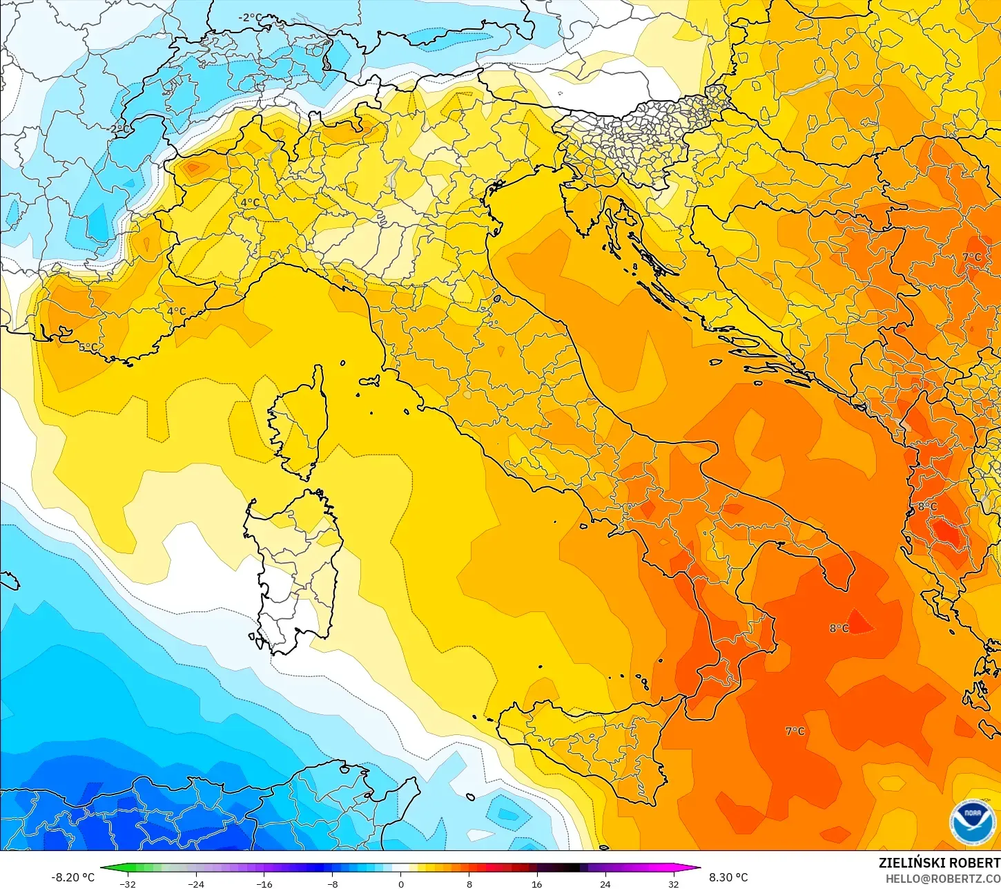 GFS model - Italy, Temperature at 850hPa Anomaly