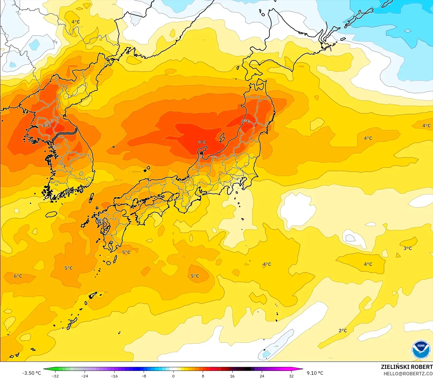 GFS model - Japan, Temperature at 850hPa Anomaly