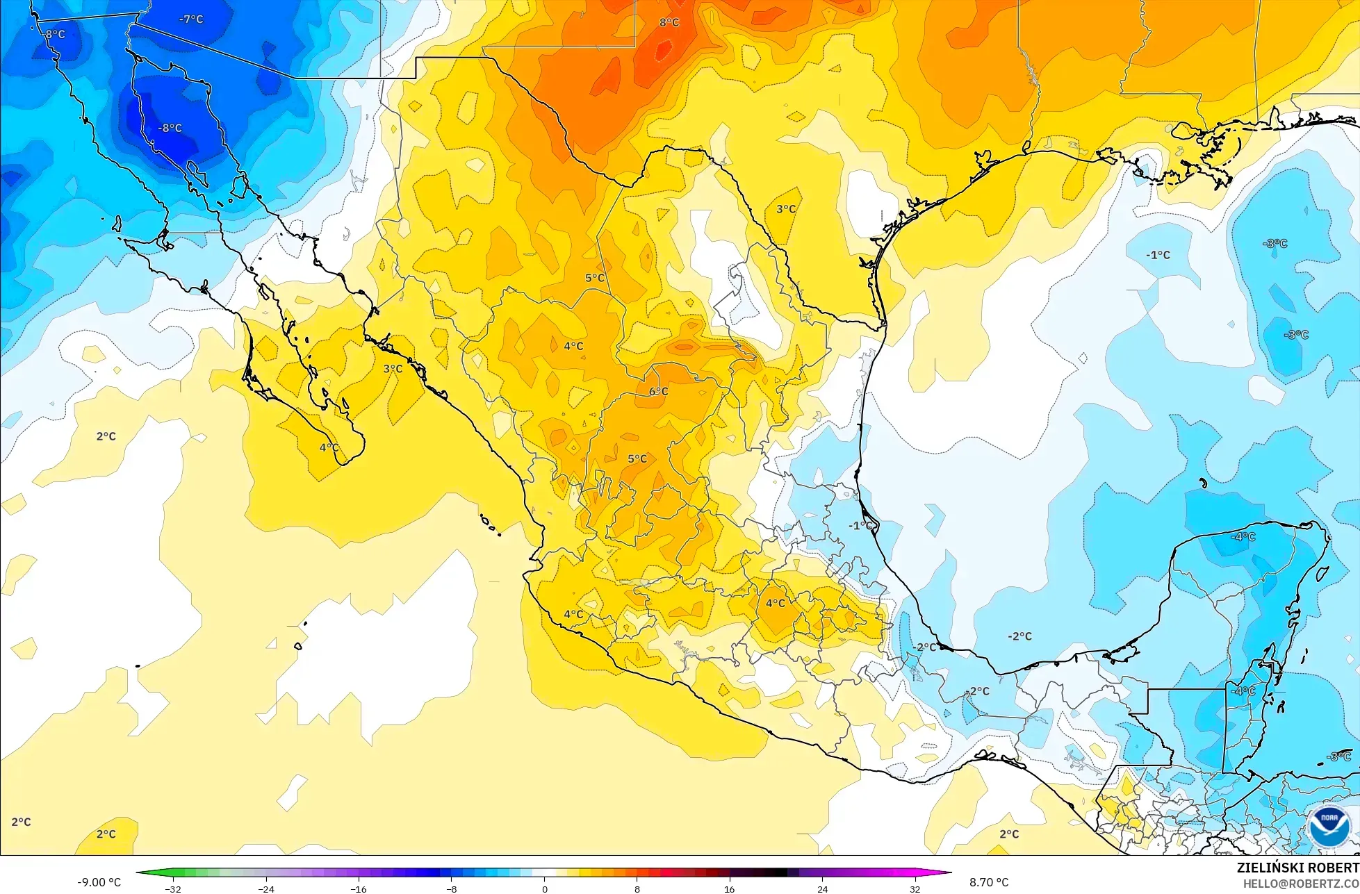 GFS model - Mexico, Temperature at 850hPa Anomaly
