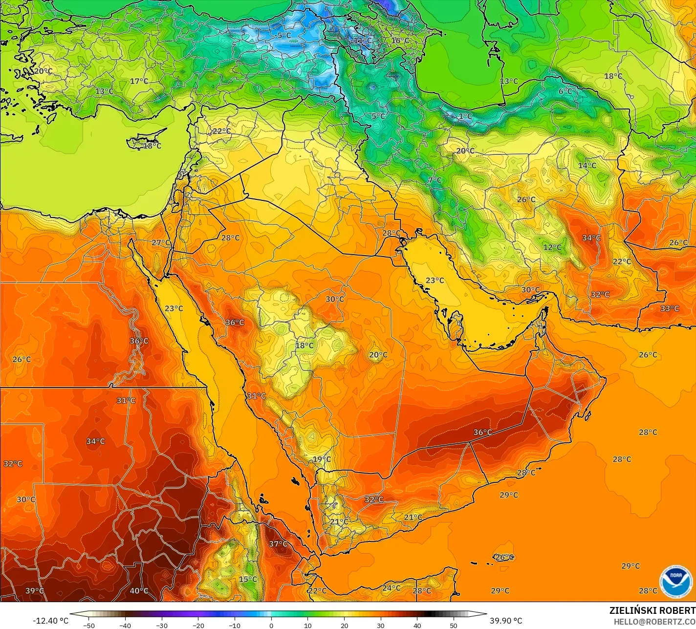 GFS model - Middle East, Temperature at 2m