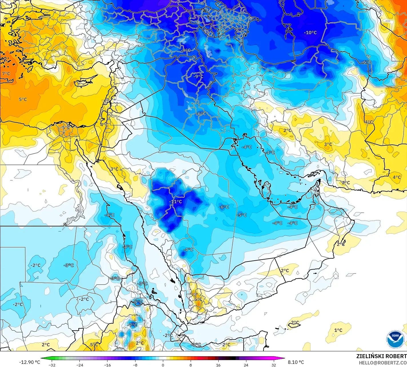 GFS model - Middle East, Temperature at 850hPa Anomaly