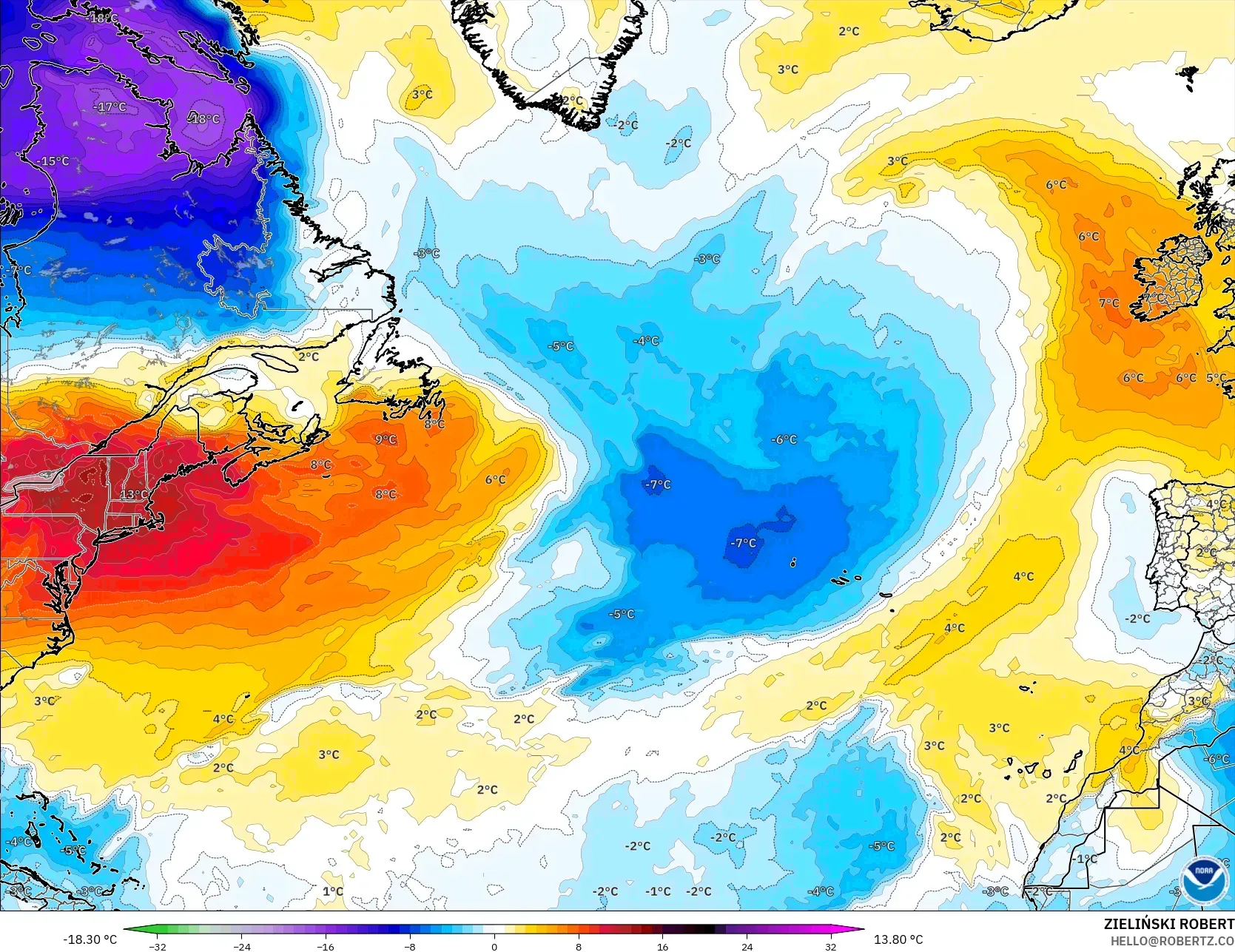 GFS model - North Atlantic, Temperature at 850hPa Anomaly