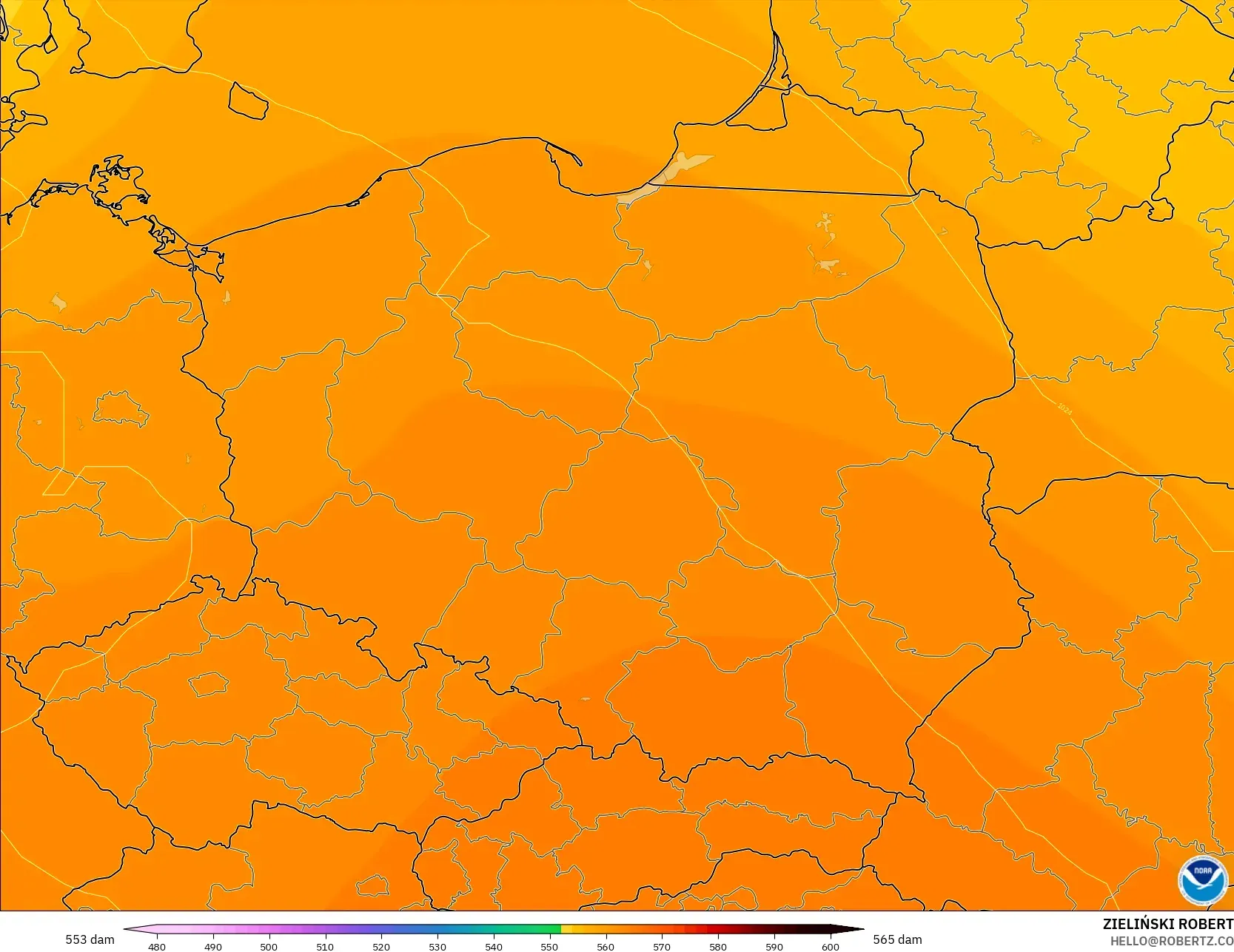 GFS model - Poland, Geopotential height at 500hPa