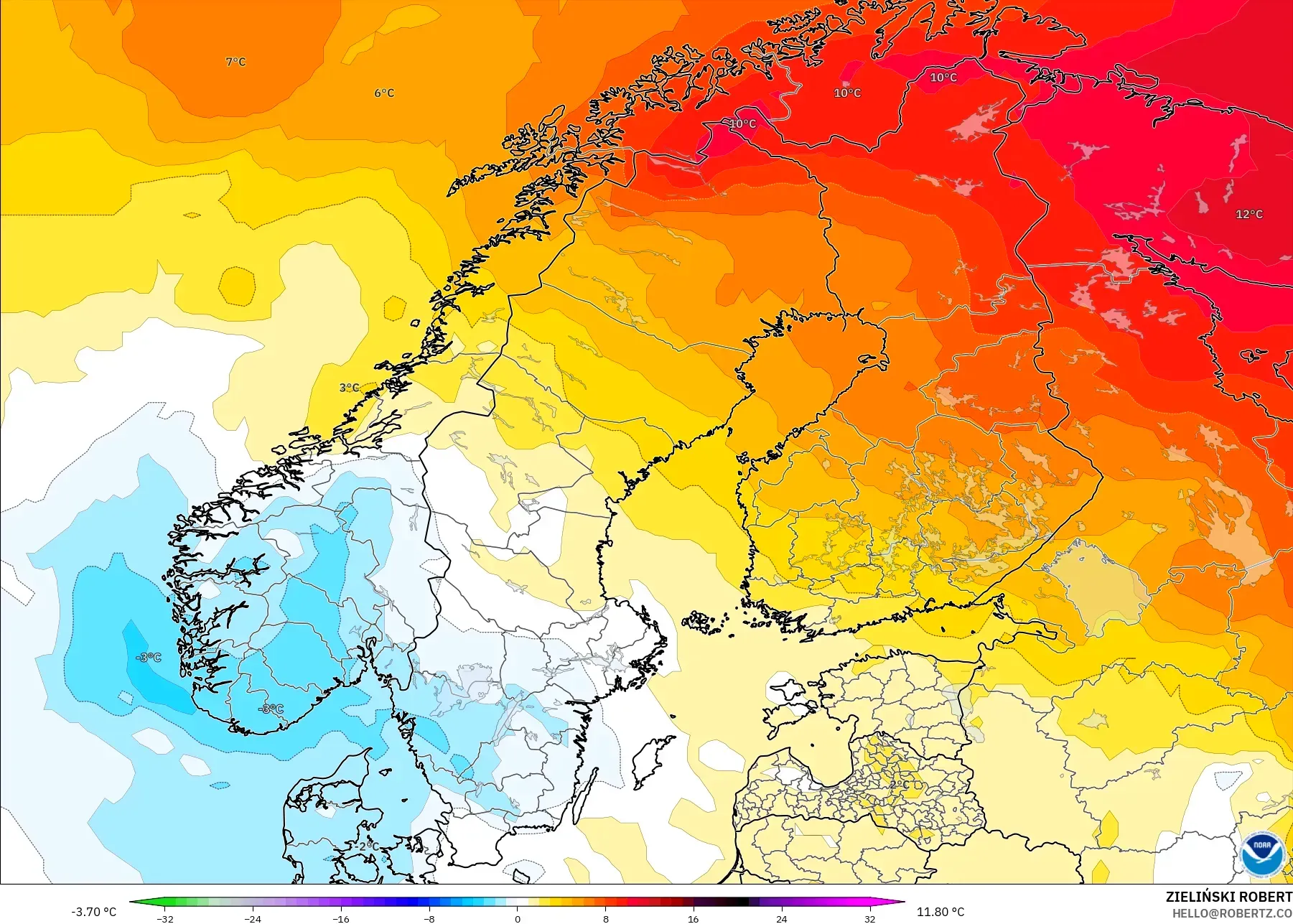 GFS model - Scandinavia, Temperature at 850hPa Anomaly