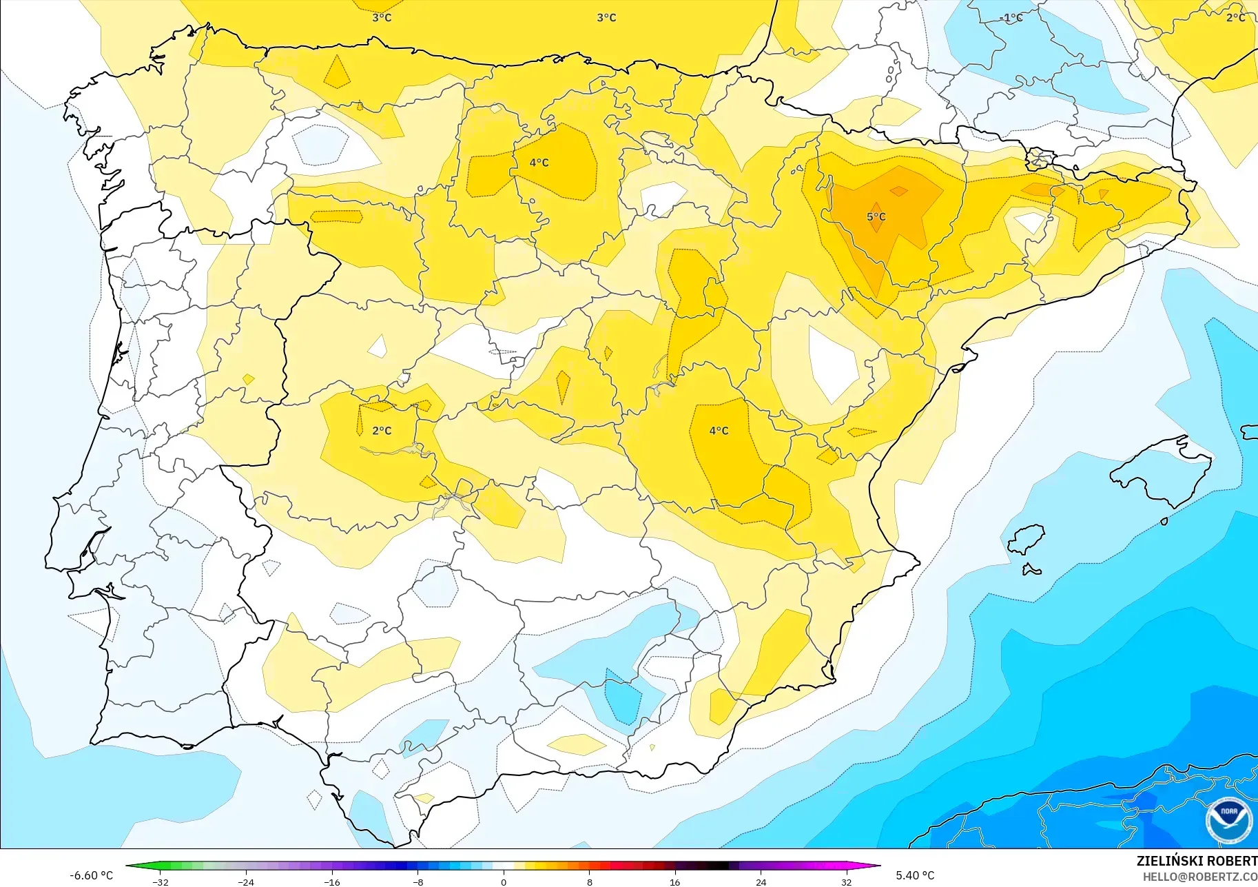 GFS model - Spain, Temperature at 850hPa Anomaly