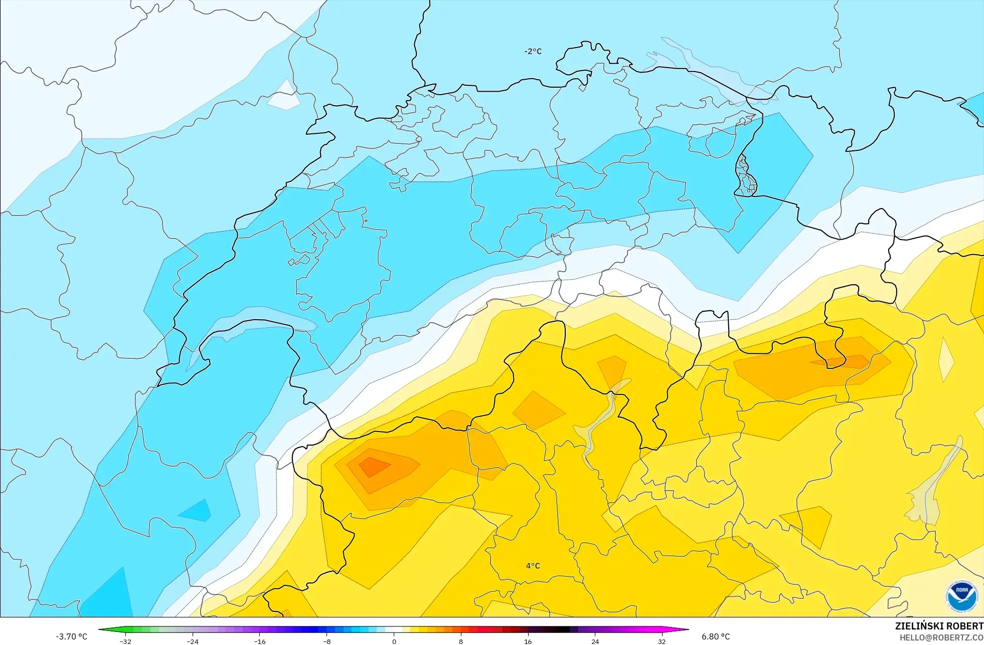 GFS model - Switzerland, Temperature at 850hPa Anomaly