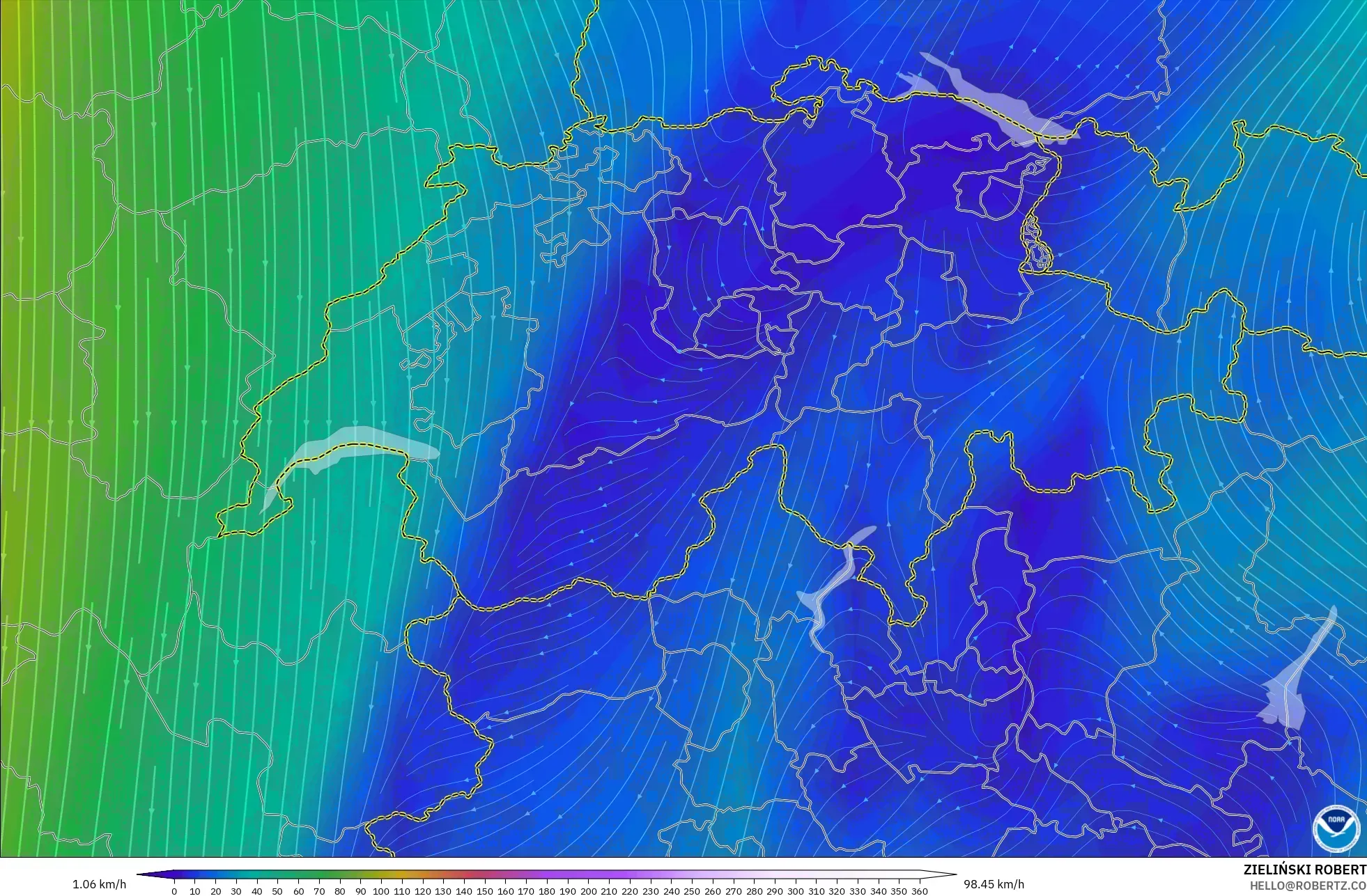 GFS model - Switzerland, Wind at 300hPa (jet stream)